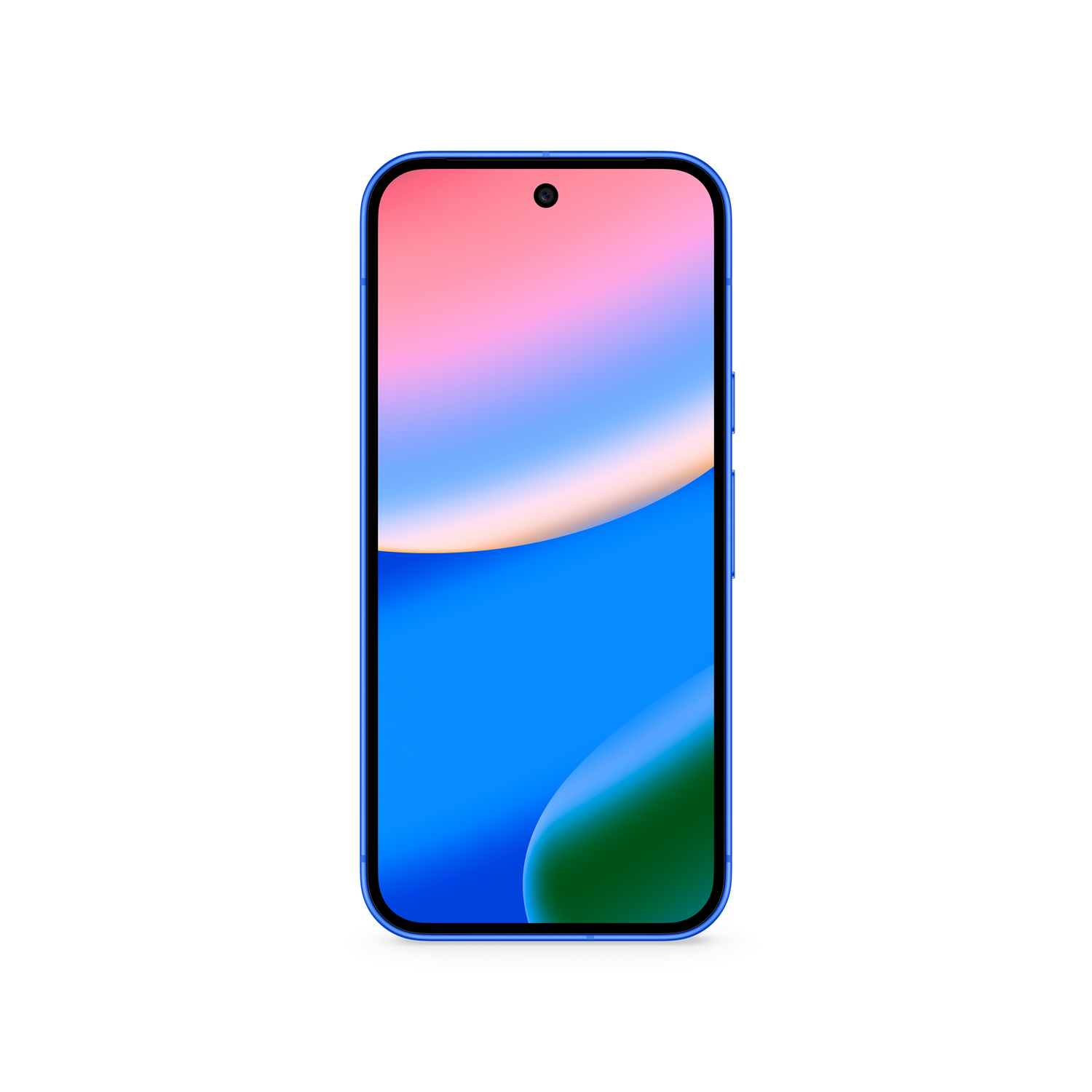 Un teléfono inteligente azul con una pantalla que muestra un degradado de rosa, blanco y azul. Hay un punto negro en el centro superior.