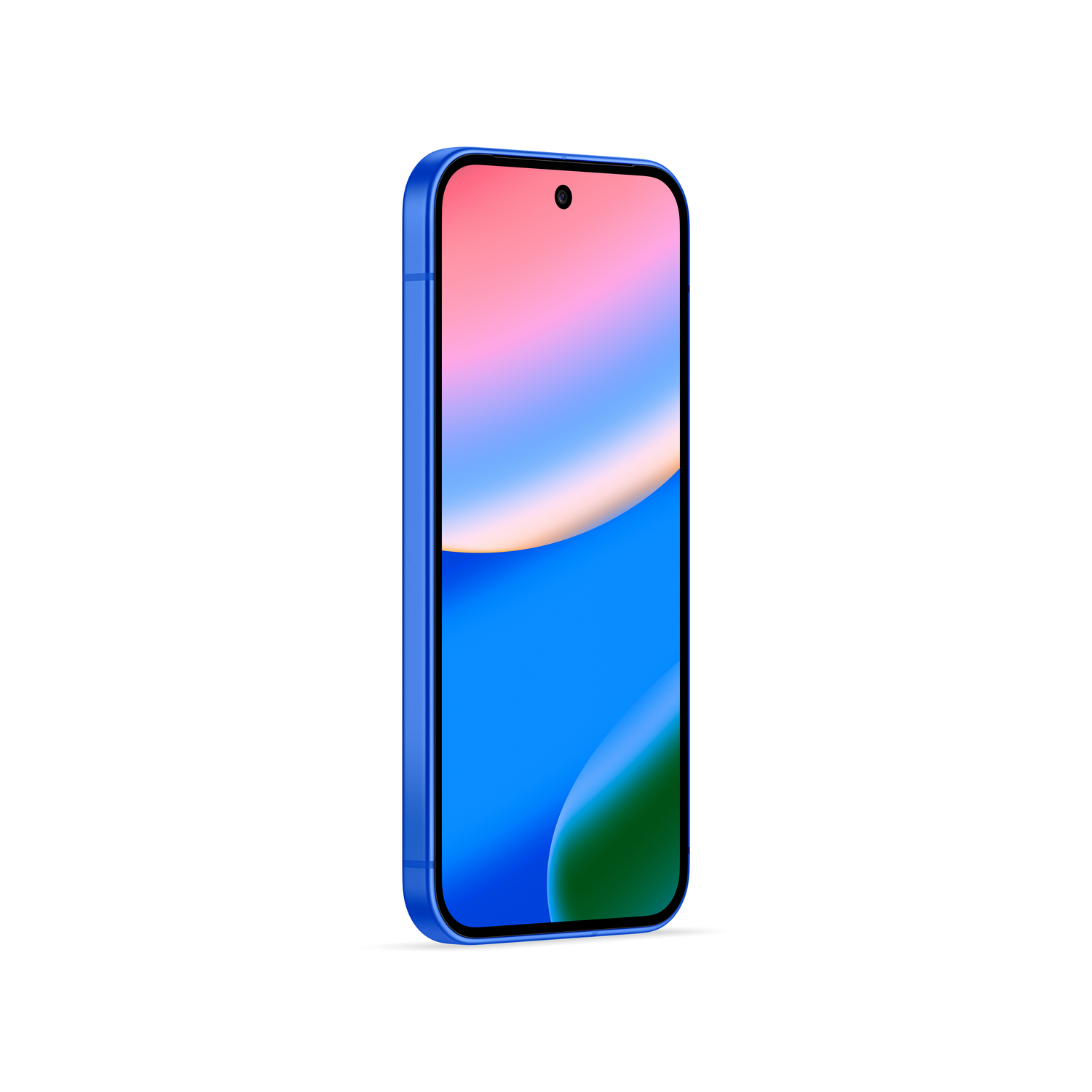Un teléfono inteligente azul está de pie. La pantalla muestra un degradado de color rosa, azul y verde. El fondo es blanco.