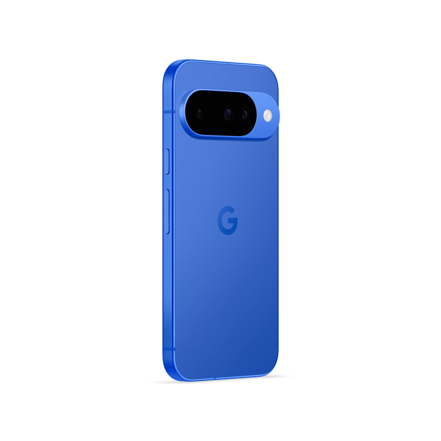 Teléfono azul Google Pixel 7. Tiene una barra de cámara con lentes y un punto blanco, el logo 'G' de Google está en la parte trasera.