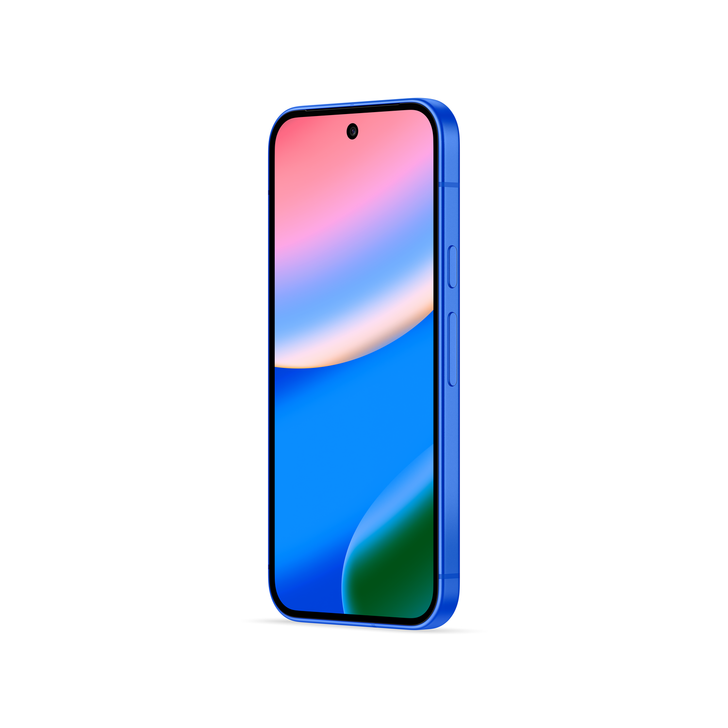 Un teléfono inteligente azul con una pantalla colorida. La pantalla muestra degradados rosa, blanco y azul. El teléfono está sobre un fondo blanco.