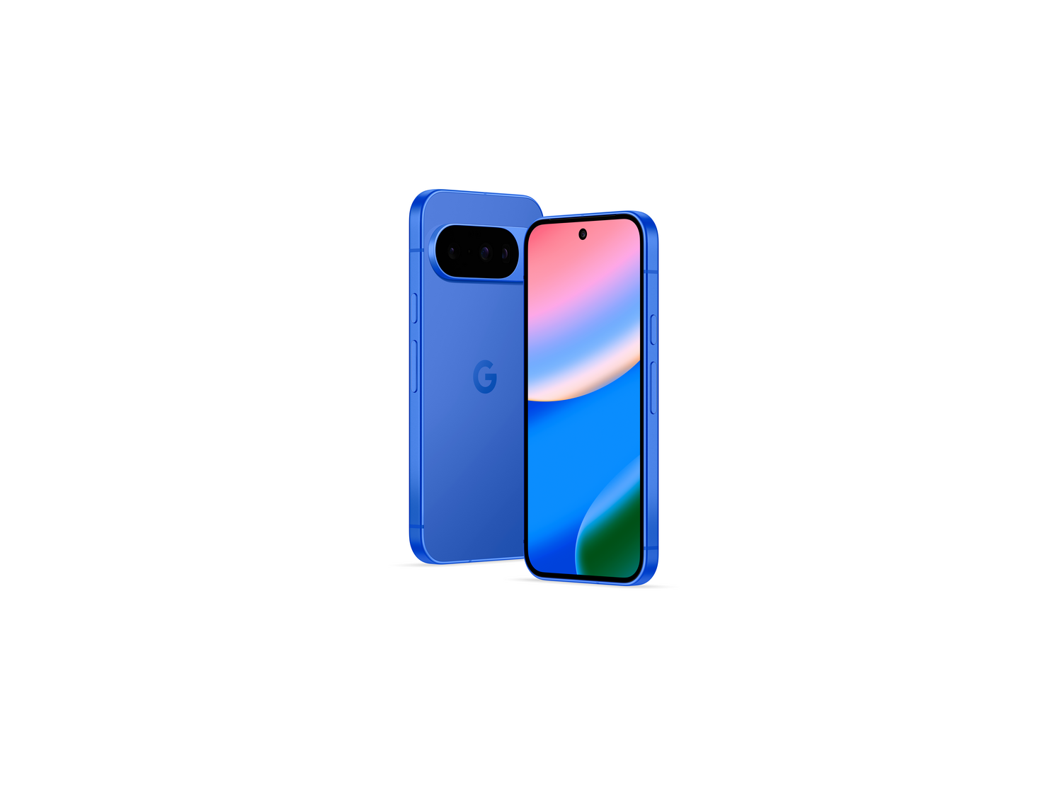 Maqueta de smartphone azul con pantalla colorida y logotipo de Google en la parte trasera, sobre fondo blanco.
