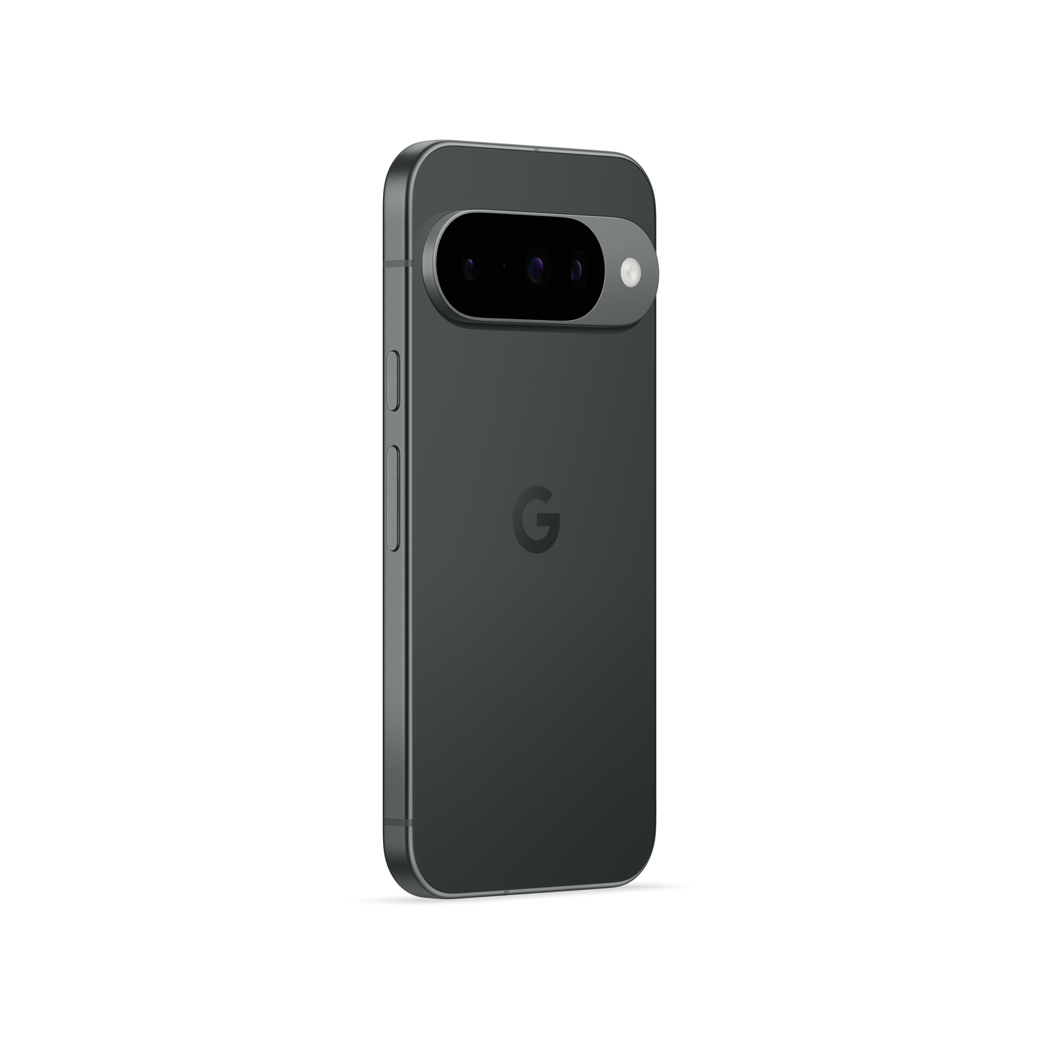 Un teléfono Google Pixel gris oscuro con barra de cámara. El logotipo de Google está en la parte posterior. El teléfono está sobre un fondo blanco.