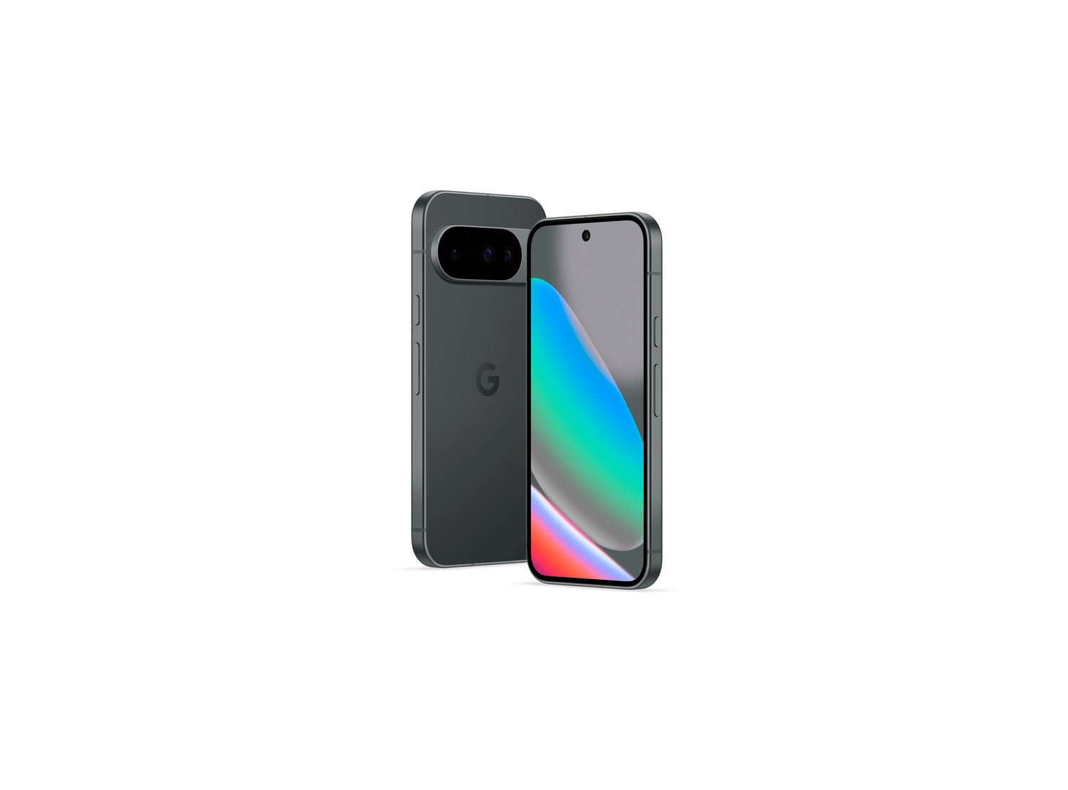 Dos smartphones grises oscuros, uno mostrando arte abstracto colorido en la pantalla. El trasero tiene una barra de cámara y un logo 'G'.