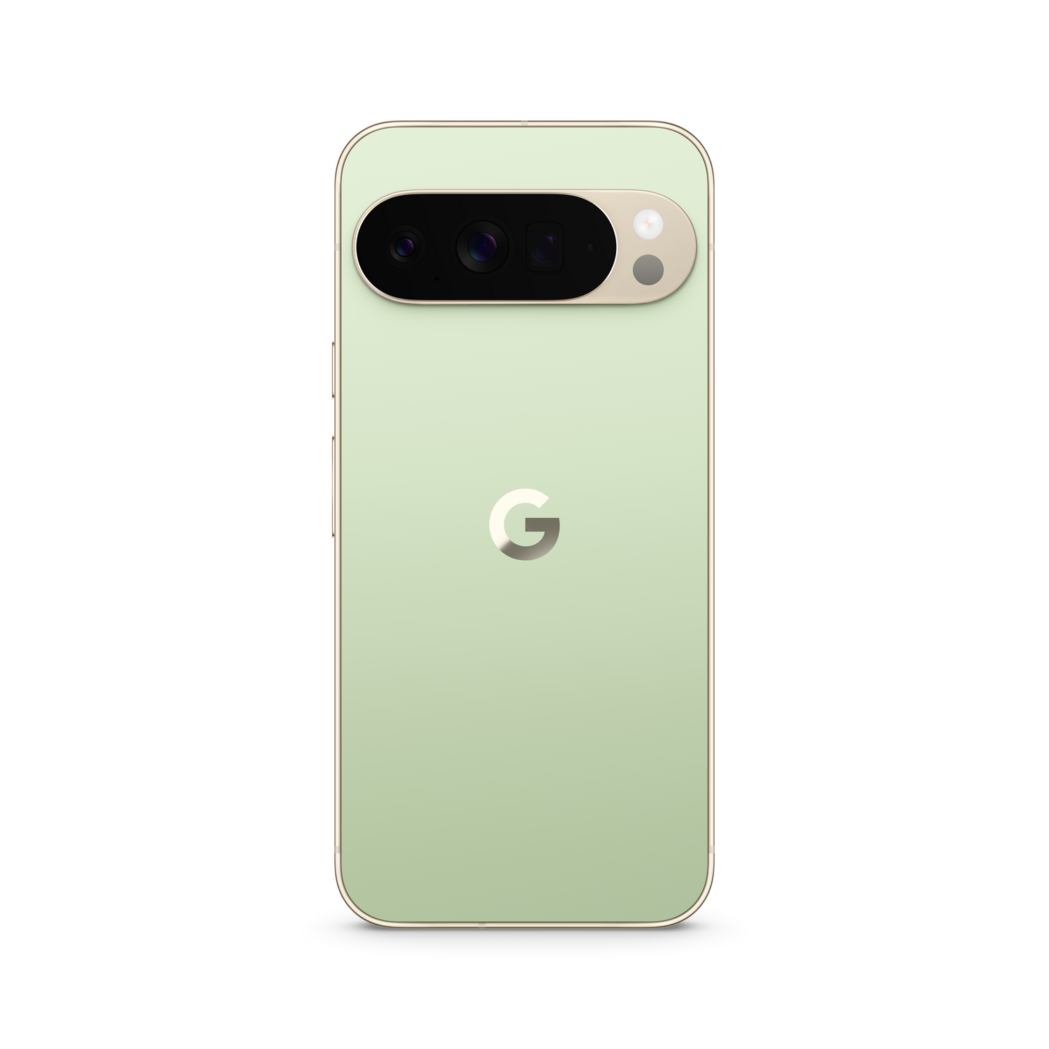 Un teléfono Google Pixel verde claro. Tiene una barra de cámara, el logotipo de Google y un marco dorado. El fondo es blanco.