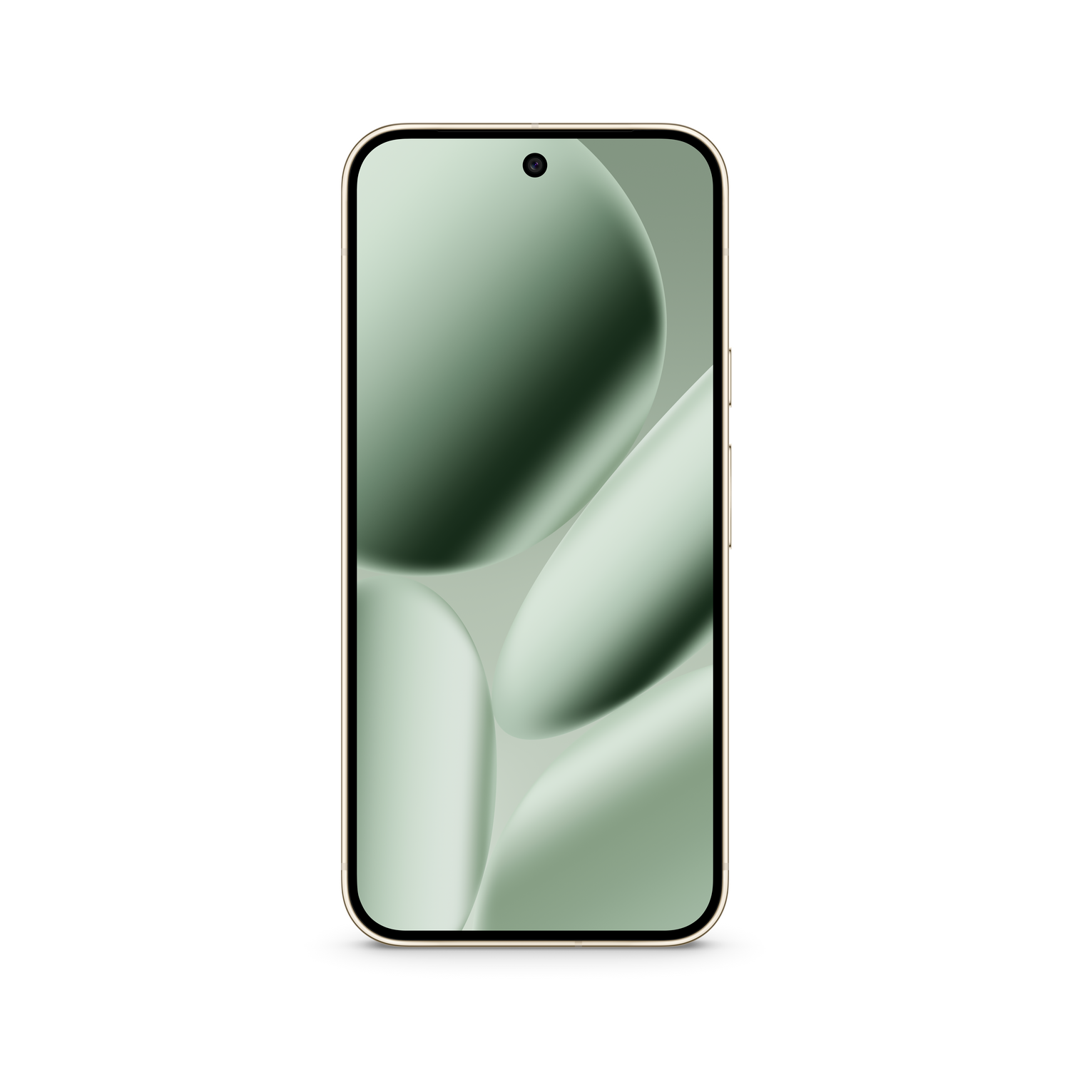 Un teléfono inteligente con marco dorado y pantalla con diseño abstracto verde claro con formas redondeadas. El fondo es blanco.