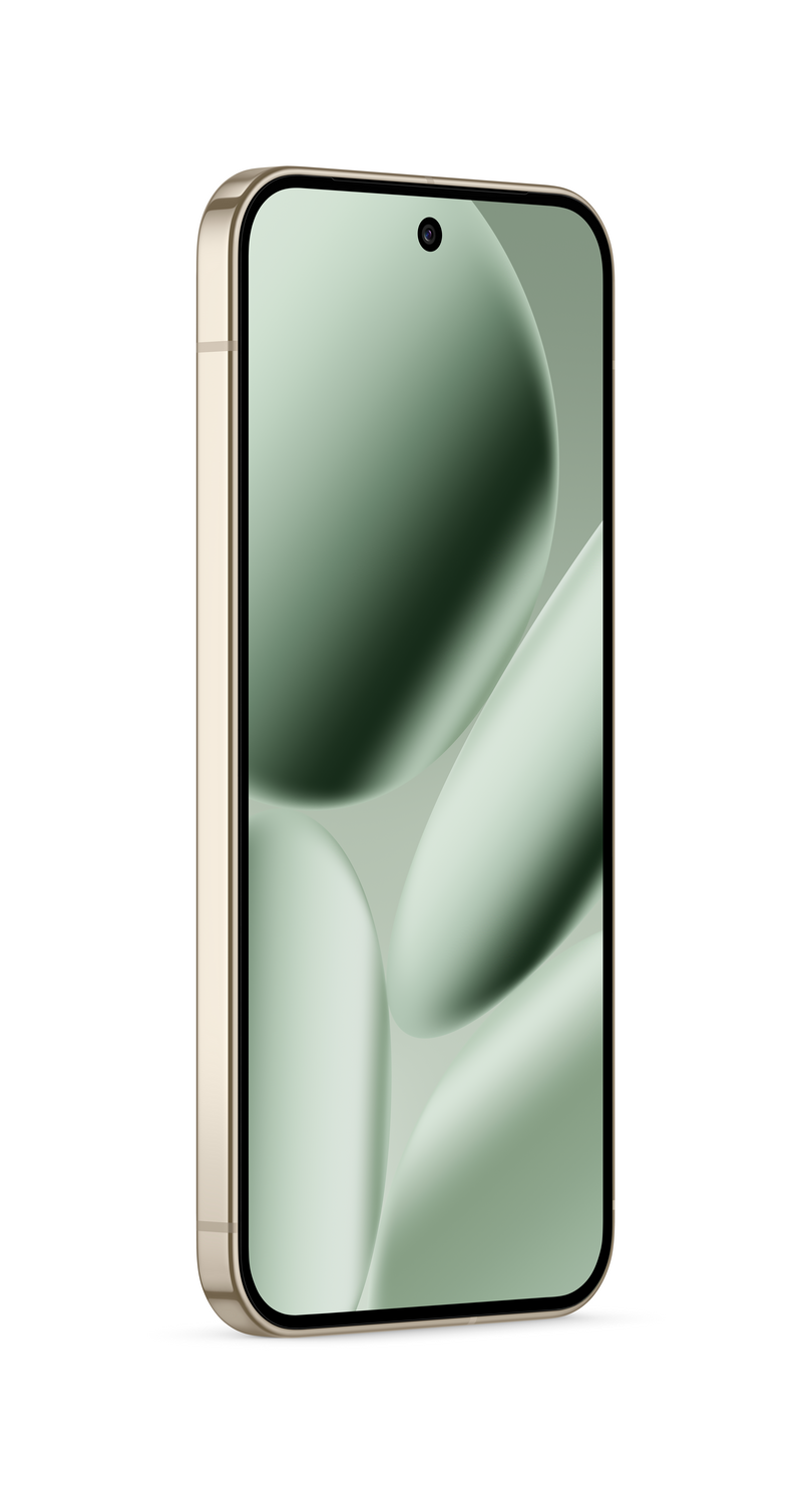Un smartphone con marco dorado. La pantalla tiene un diseño verde abstracto. El teléfono está en ángulo hacia el espectador.