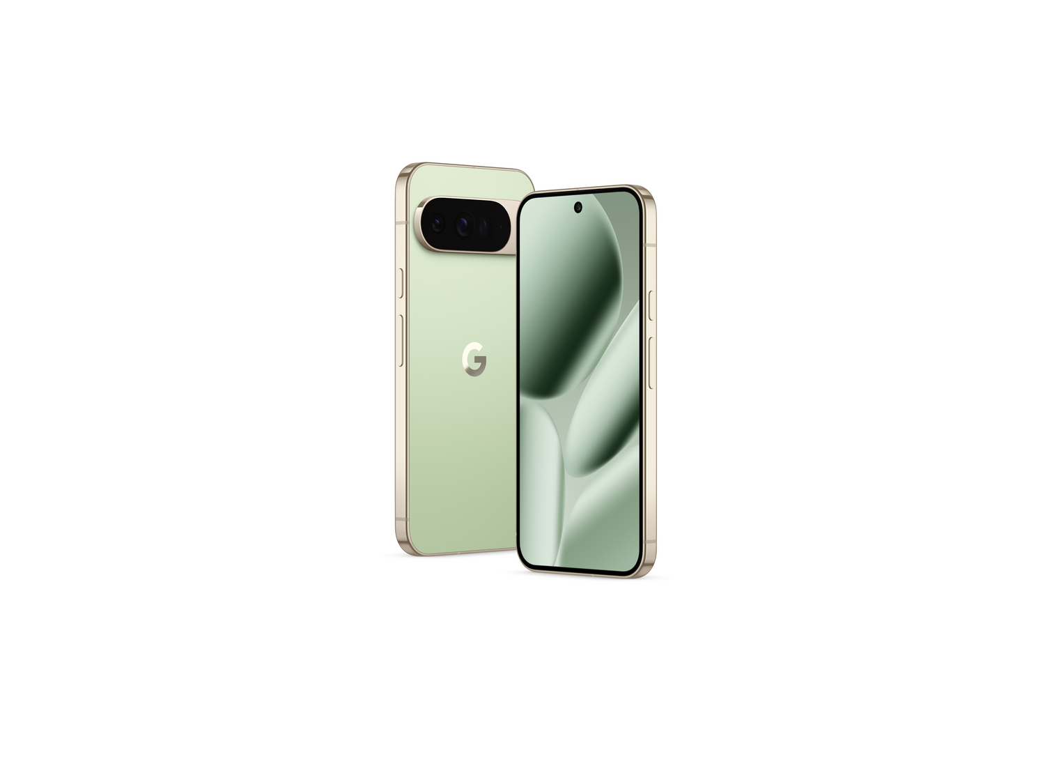 Dos smartphones verdes con marcos dorados. Uno muestra una pantalla verde claro, el otro tiene una barra de cámara y el logo de Google.
