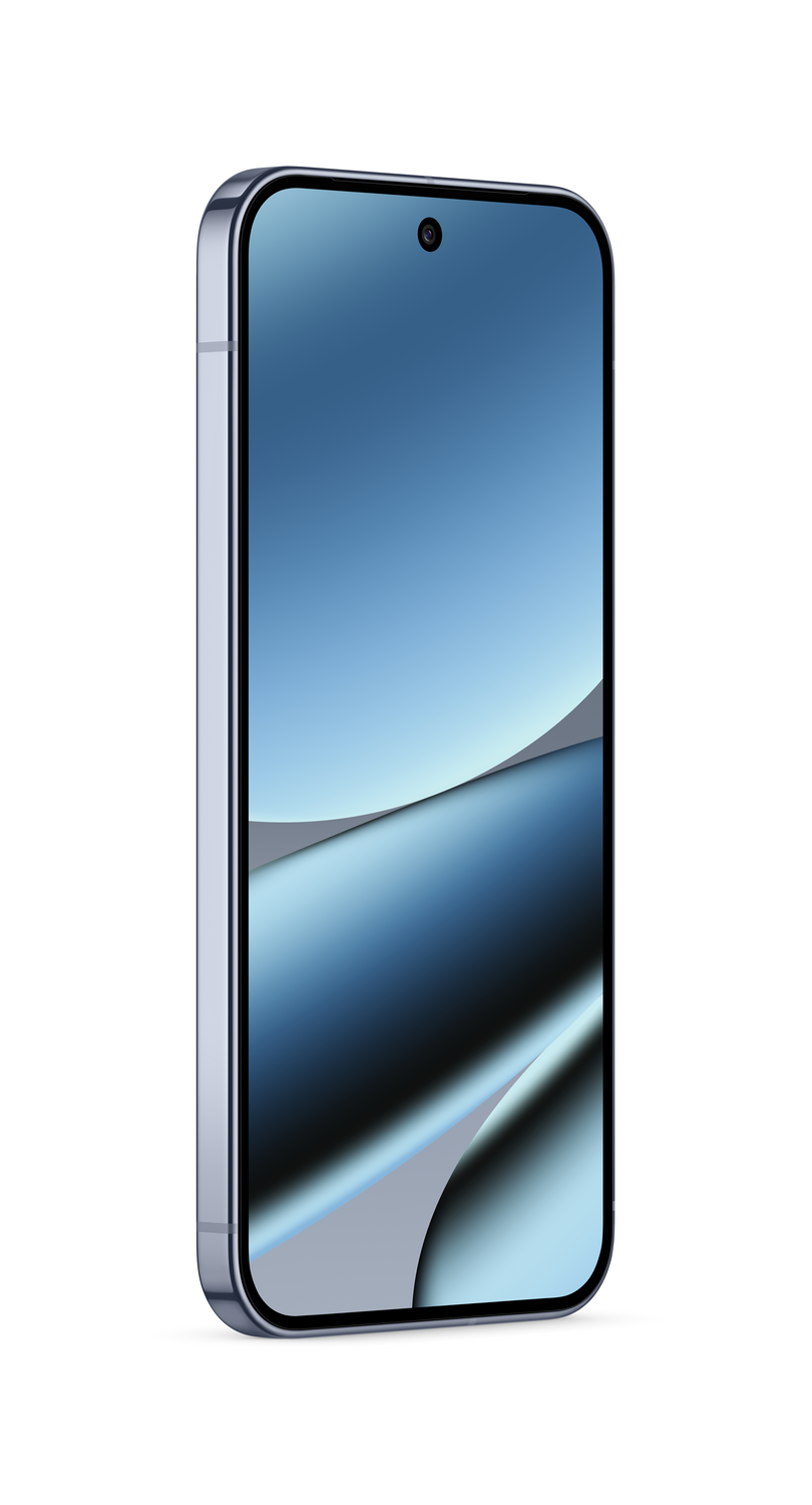 Se muestra un teléfono inteligente con una pantalla de gradiente azul. El teléfono es plateado con esquinas redondeadas. La pantalla tiene una cámara frontal.