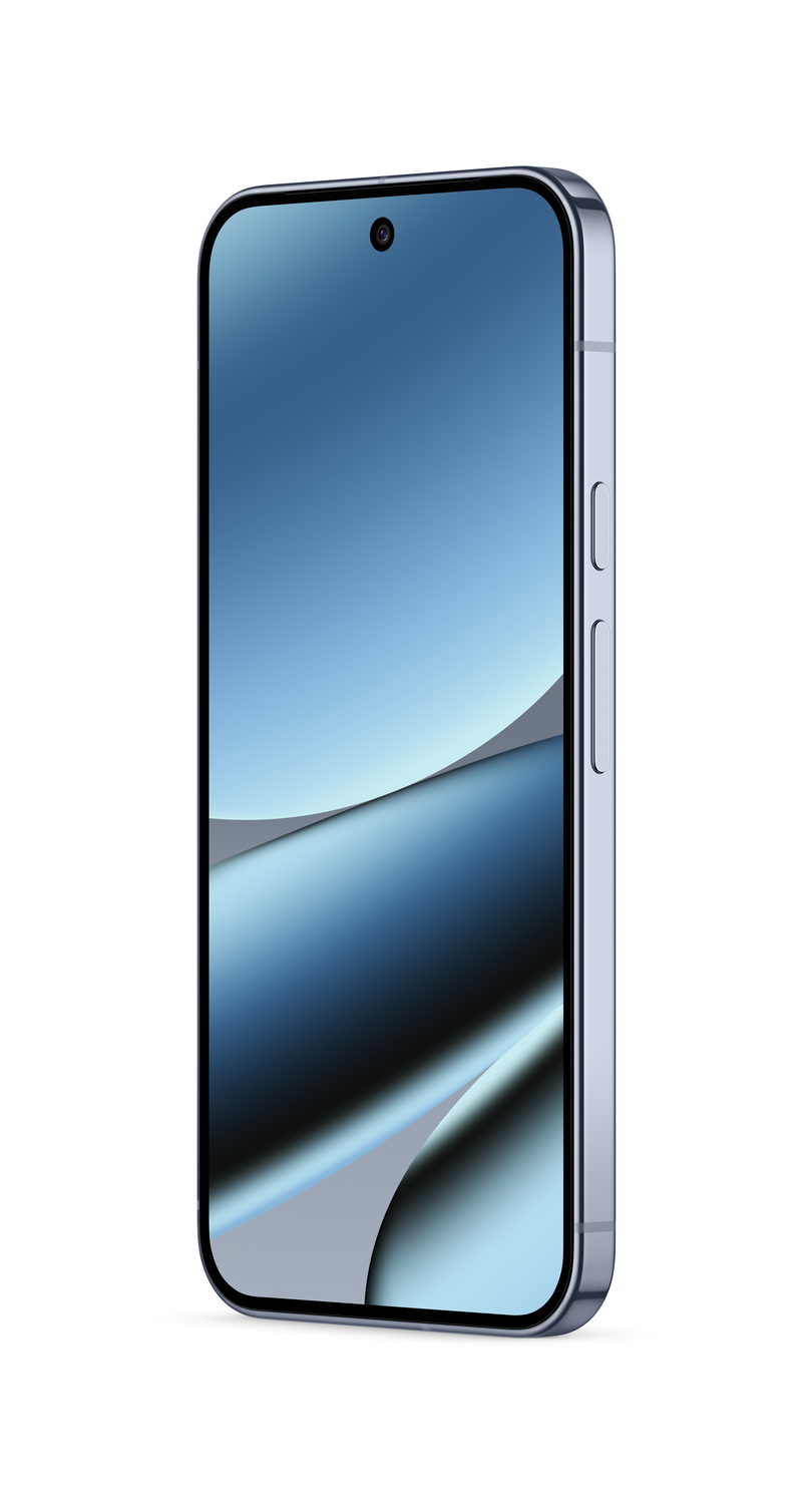 Un teléfono inteligente con pantalla azul, mostrando un degradado. El teléfono es plateado con botones laterales. Cámara visible.