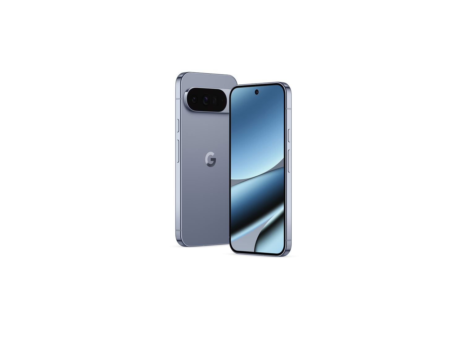 Dos smartphones azul claro. Uno está en ángulo, con pantalla que muestra gradientes azules, el otro está detrás, mostrando un logotipo de Google.