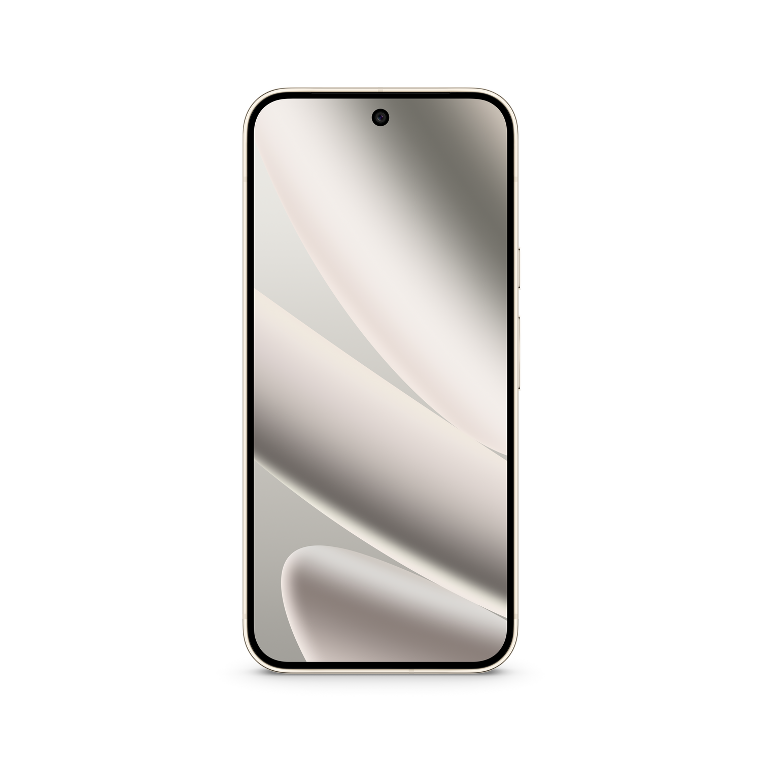 Un smartphone con marco dorado y pantalla con formas abstractas beige claro. El teléfono tiene cámara frontal y botones laterales.