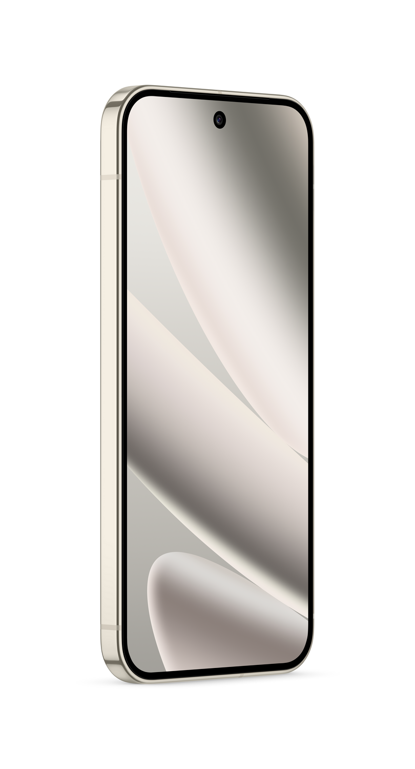 Un smartphone con marco dorado y pantalla con diseño abstracto gris claro, cámara en la parte superior.