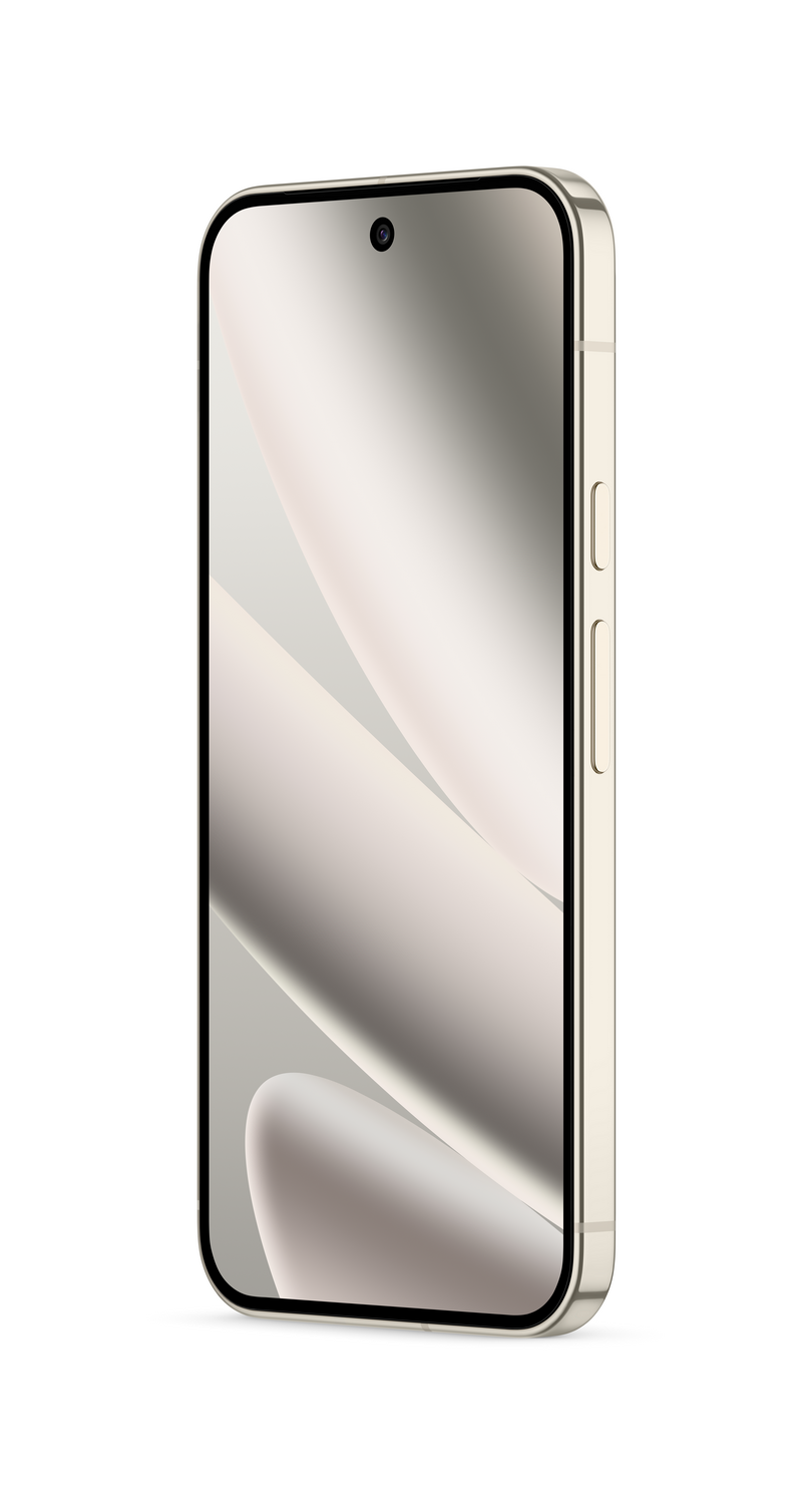Un teléfono inteligente dorado sobre un fondo blanco. La pantalla muestra un diseño claro y abstracto. El teléfono tiene una cámara frontal.