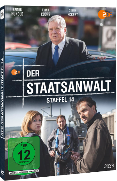 DVD-Cover für 'Der Staatsanwalt Staffel 14'. Mit den Schauspielern Rainer Hunold, Fiona Coors und Simon Eckert. Der Titel ist prominent.