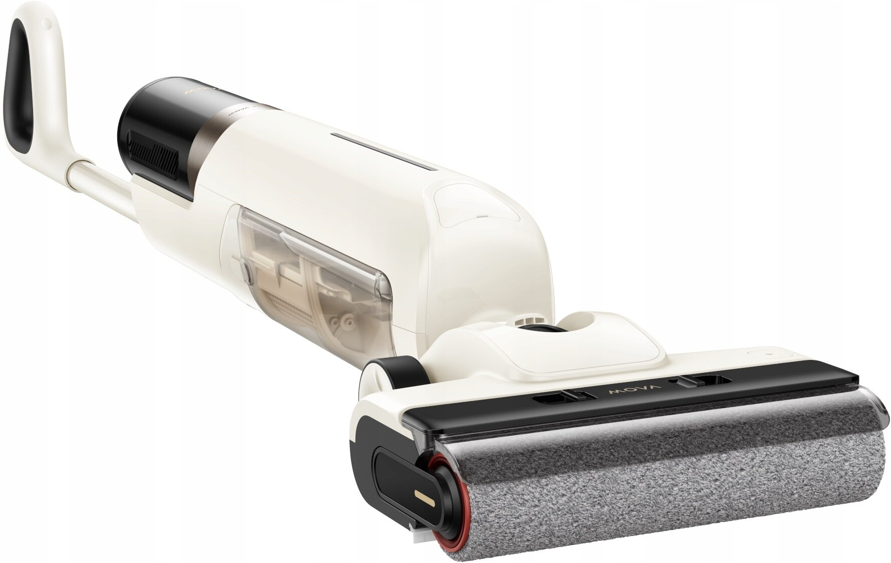 Biało-czarny odkurzacz MOVA. Ma uchwyt, wałek szczotkowy i przezroczysty zbiornik na wodę.