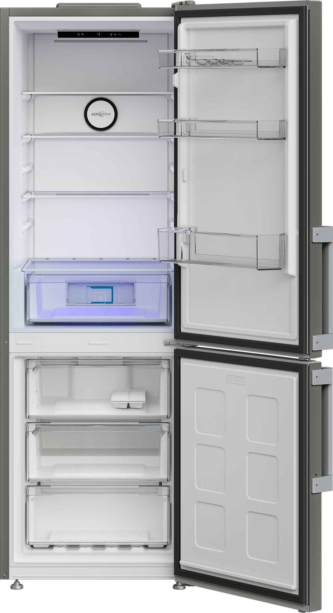 Offener Kühlschrank mit Regalen, Schubladen und dem Innenraum. Enthält eine digitale Anzeige, AeroActive-Logo und blaues Licht im Gemüsefach.