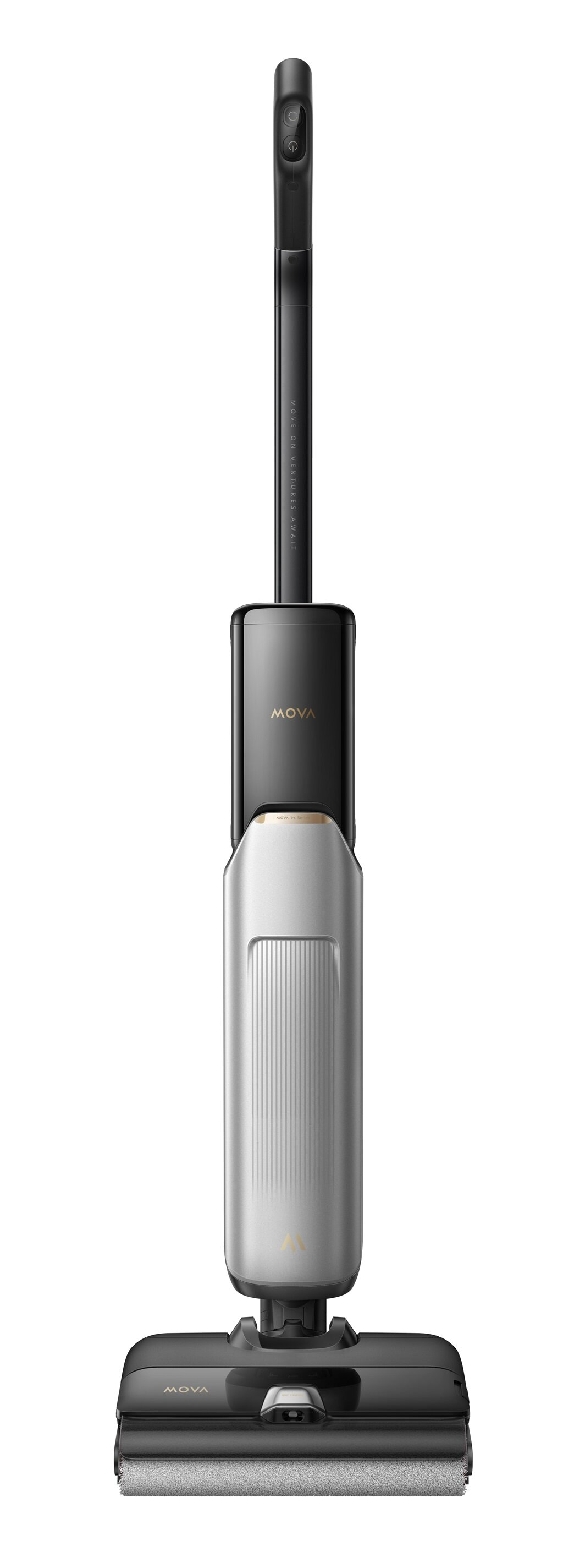 Pionowy obraz odkurzacza MOVA. Ma czarny uchwyt z przyciskami, srebrny korpus i czarną podstawę.