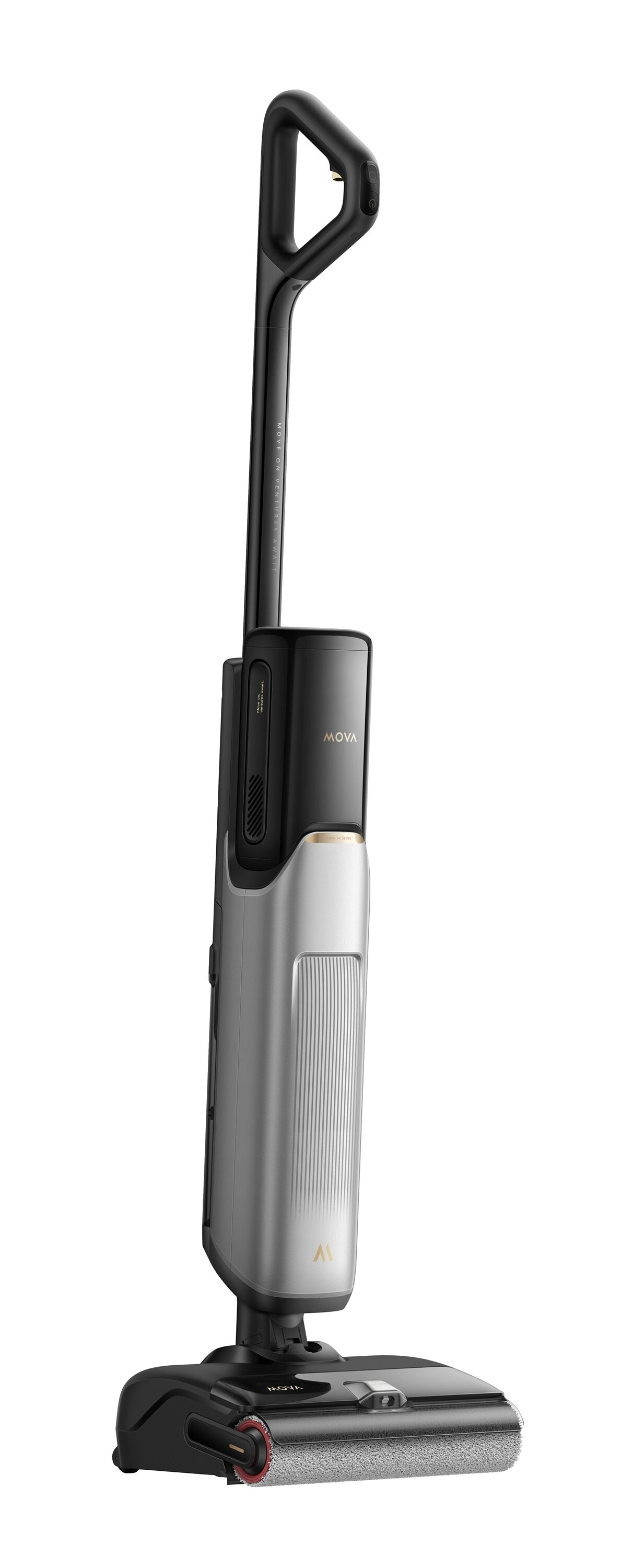 Srebrno-czarny odkurzacz MOVA stoi prosto. Ma uchwyt, korpus z nazwą marki i głowicę czyszczącą.