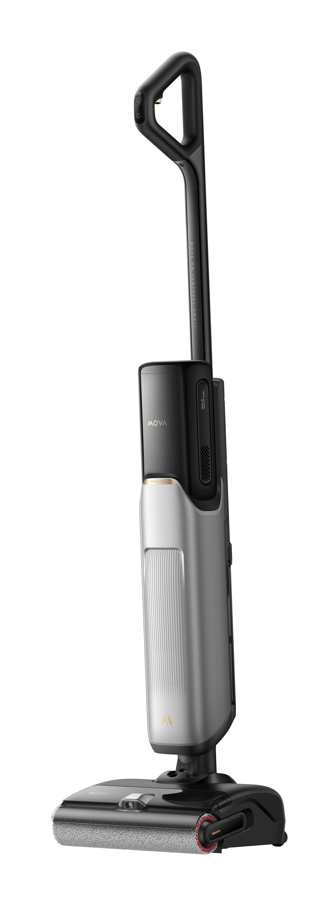 Srebrno-czarny odkurzacz MOVA stoi w pozycji pionowej. Ma uchwyt, korpus i głowicę czyszczącą. Tło jest białe.