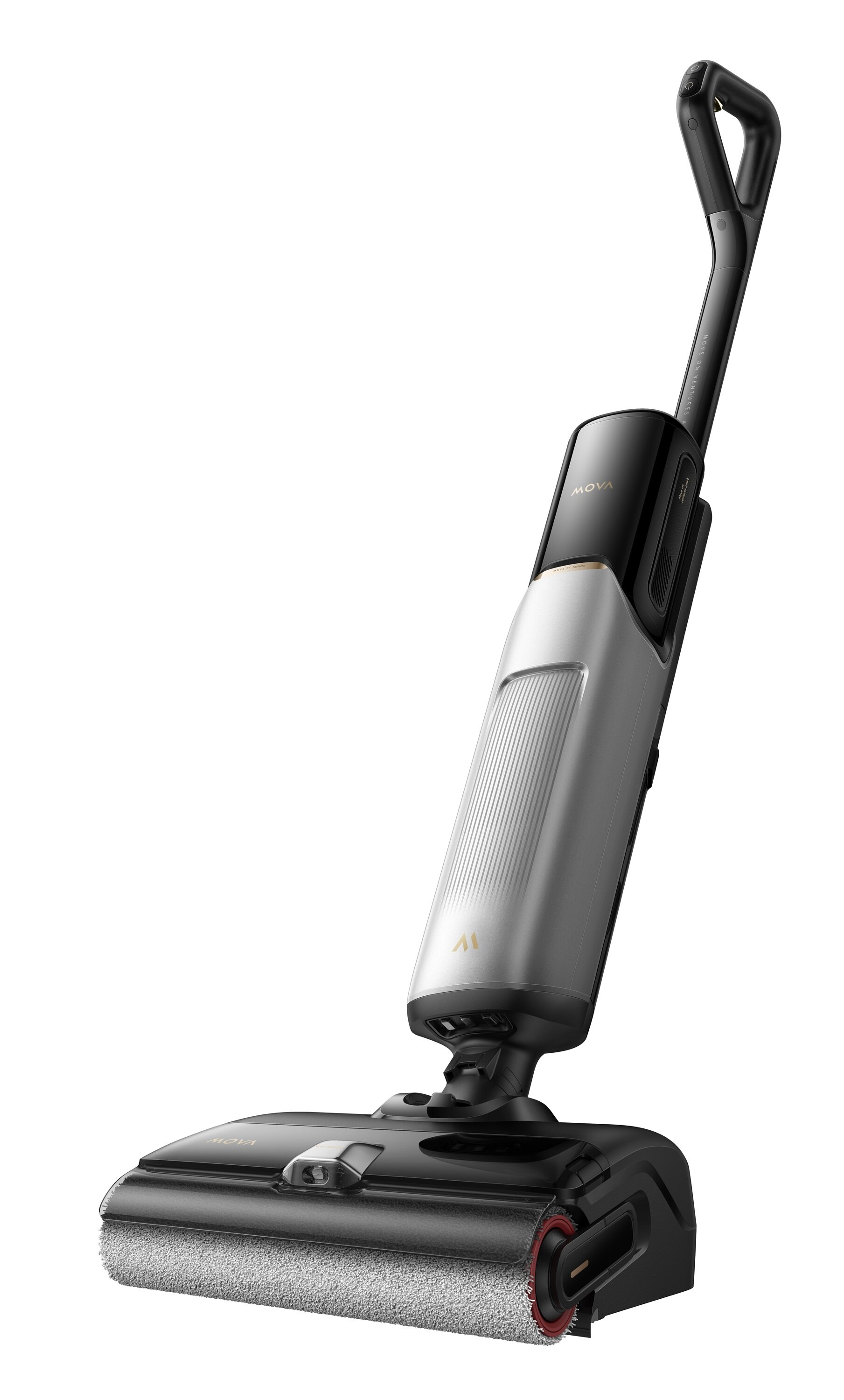 Czarny i srebrny odkurzacz MOVA na białym tle. Odkurzacz ma uchwyt, korpus i głowicę czyszczącą z rolką.