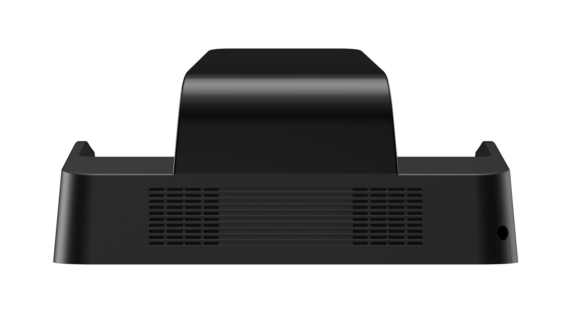 Czarny urządzenie elektroniczne. Ma prostokątną podstawę z kratką wentylacyjną i zakrzywioną górną sekcją, wszystko na białym tle.