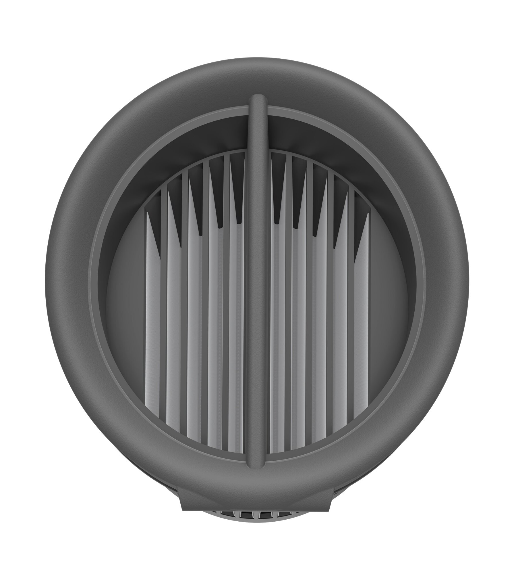 Okrągły, szary otwór wentylacyjny z pionowymi listwami i centralnym dzielnikiem, na białym tle, widok z góry.