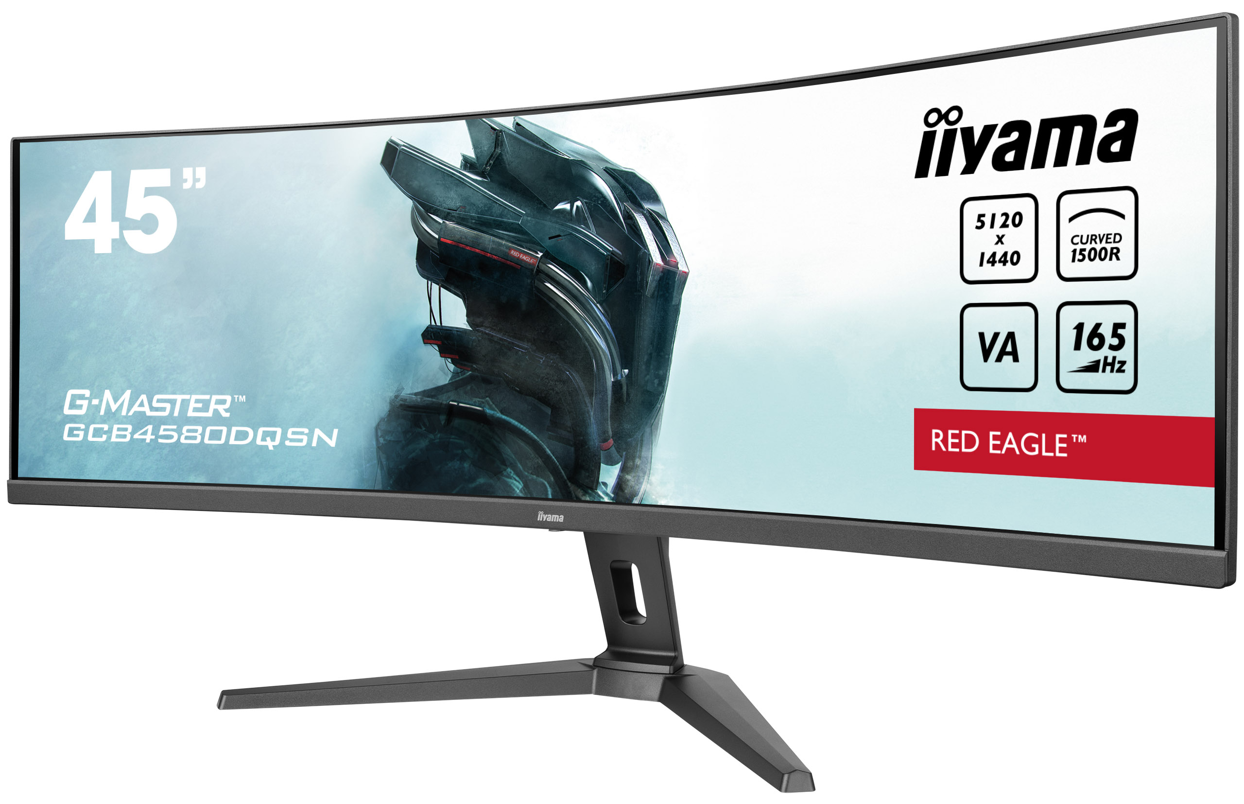 Zakrzywiony monitor iiyama G-MASTER 45". Ma 165Hz, rozdzielczość 5120x1440 i zakrzywiony ekran 1500R. Monitor jest czarny.