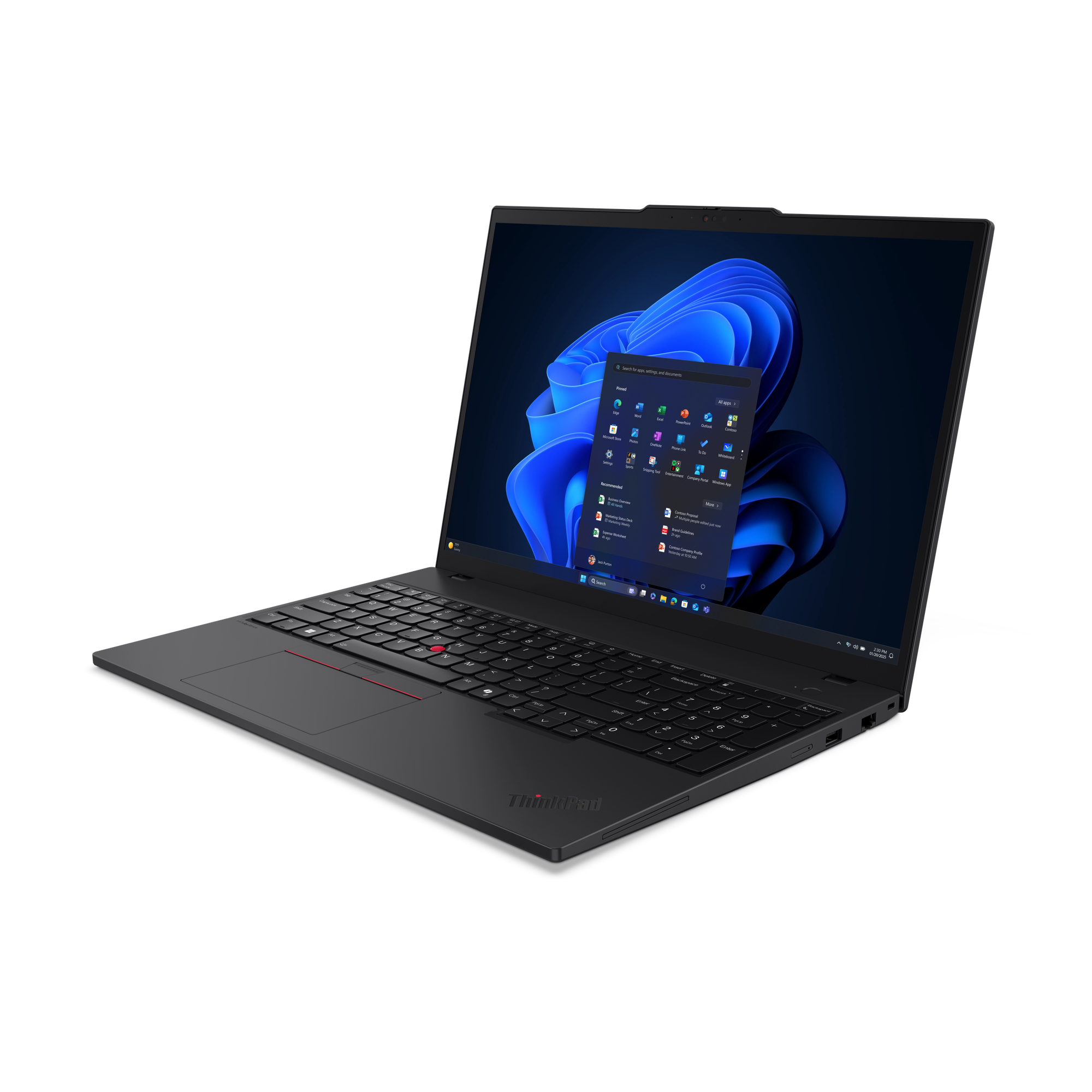 Ein schwarzes ThinkPad-Laptop ist geöffnet und zeigt eine Windows 11-Oberfläche. Der Bildschirm zeigt App-Symbole und einen blauen Hintergrund.