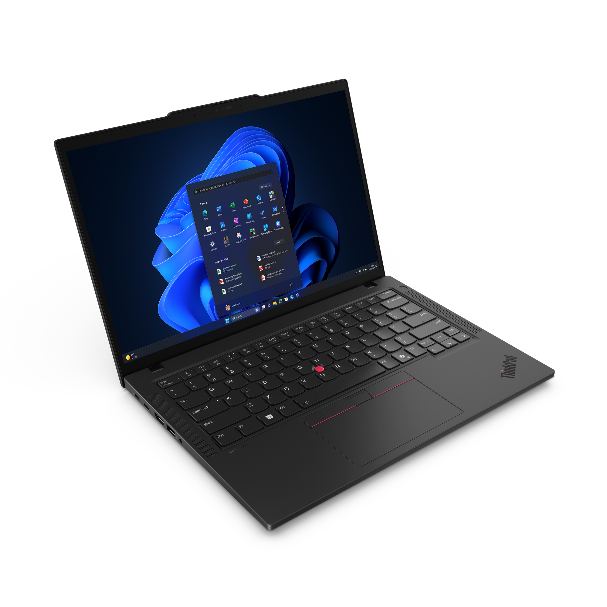 Schwarzer ThinkPad-Laptop auf schwarzem Untergrund. Der Bildschirm zeigt das Windows 11 Startmenü. Die Tastatur ist sichtbar.