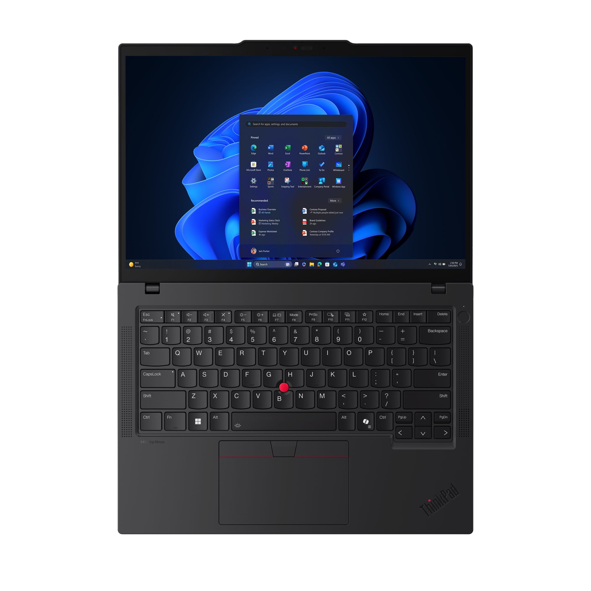 Schwarzer ThinkPad-Laptop geöffnet, Windows 11-Oberfläche sichtbar. Tastatur im Fokus. Bildschirm zeigt App-Symbole. Schwarzer Hintergrund.
