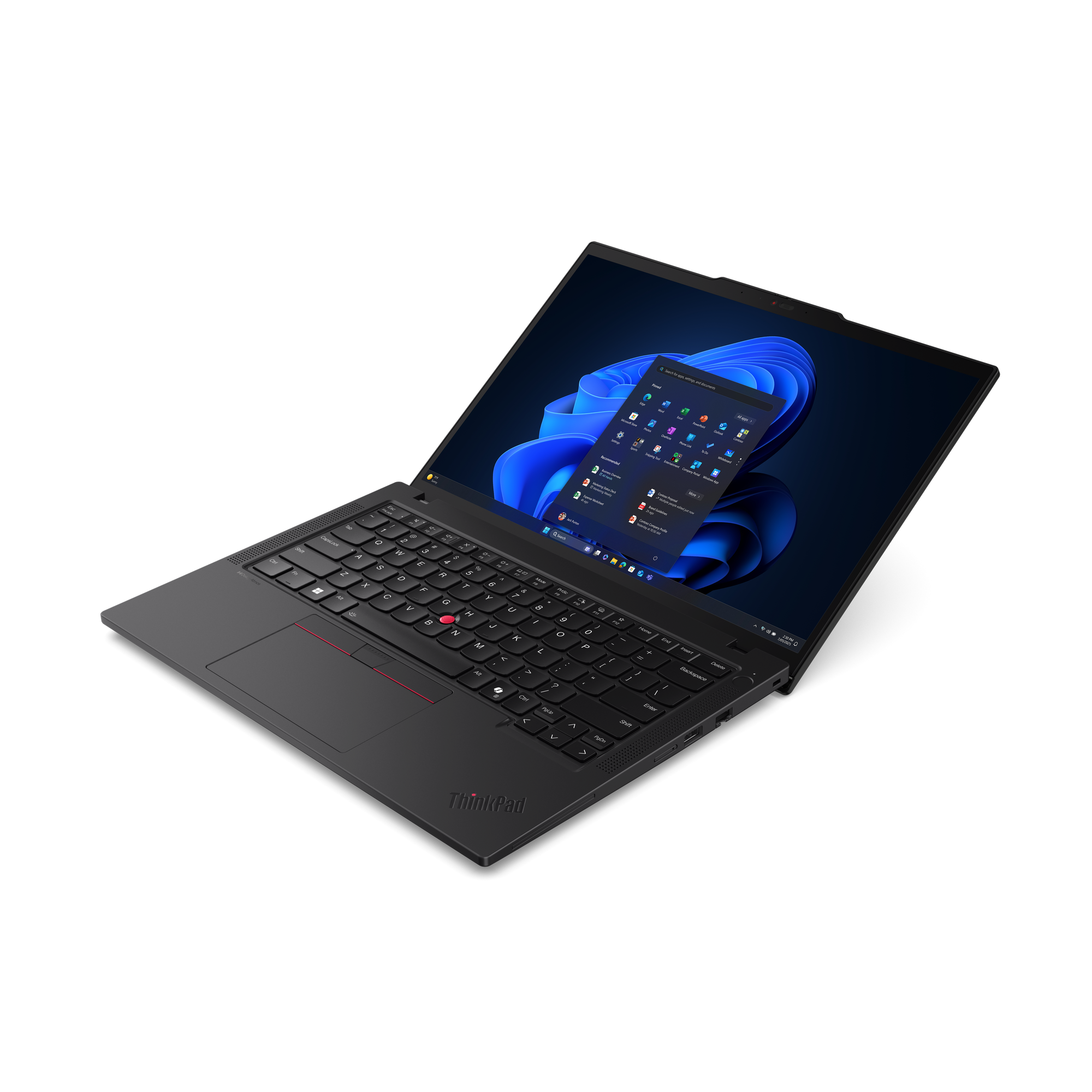 Egy fekete ThinkPad laptop nyitva van, Windows felülettel. A háttér fekete.