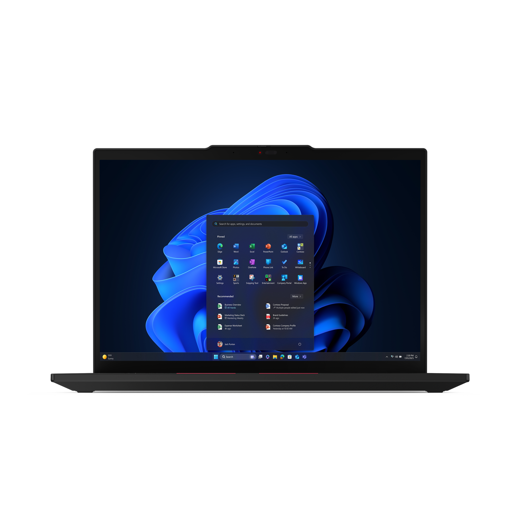 Ein schwarzer Laptop zeigt das Windows 11 Startmenü an. Der Bildschirm zeigt App-Symbole und eine Suchleiste. Der Hintergrund ist dunkel.