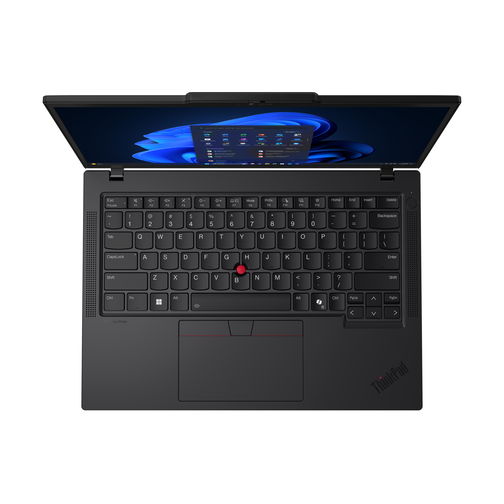 Schwarzer ThinkPad-Laptop, offen, auf schwarzer Oberfläche. Tastatur sichtbar mit rotem Trackpoint. Bildschirm zeigt Windows-Oberfläche.