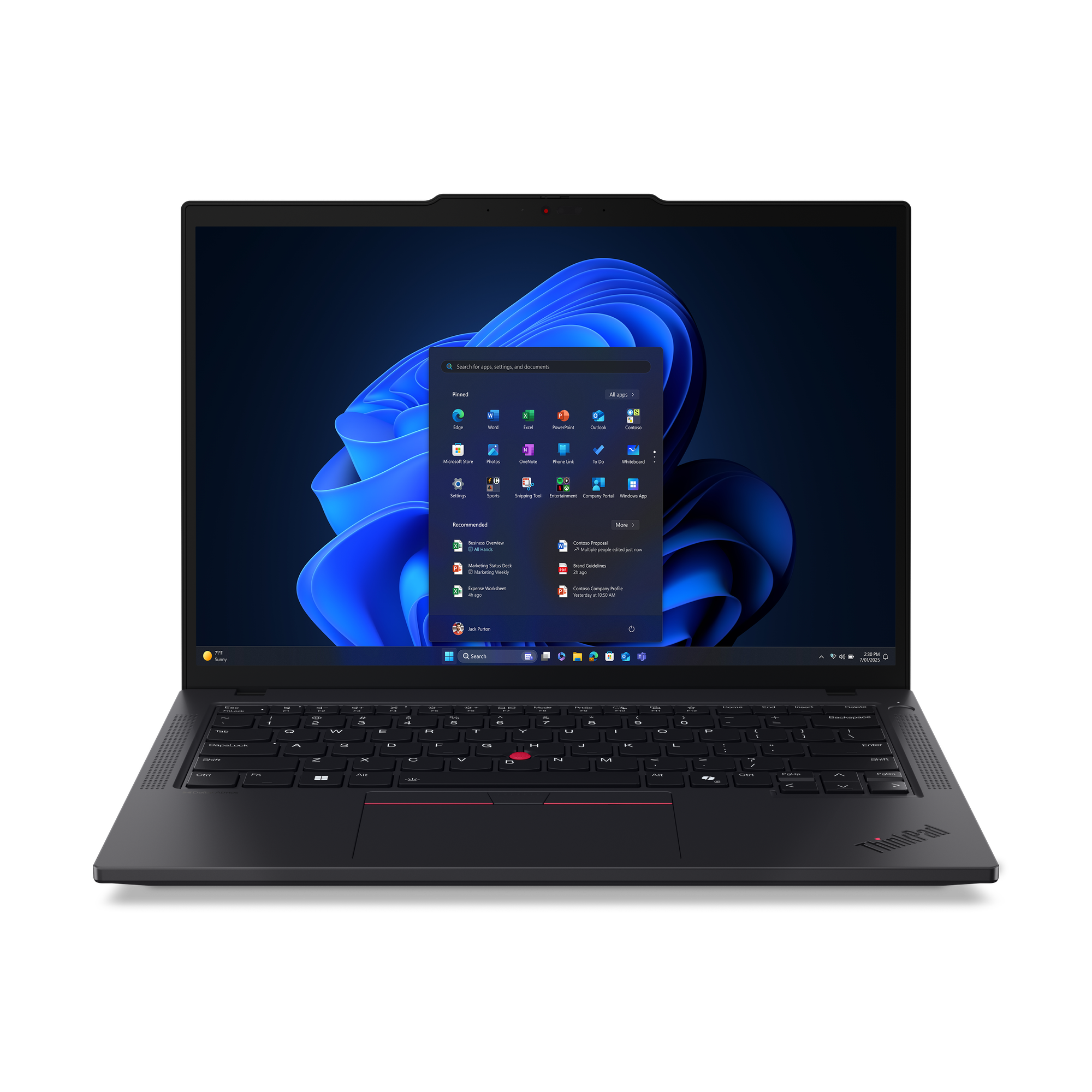 Egy fekete ThinkPad laptop Windows 11 felületet mutat. A billentyűzet látható, a képernyőn alkalmazásikonok láthatók.