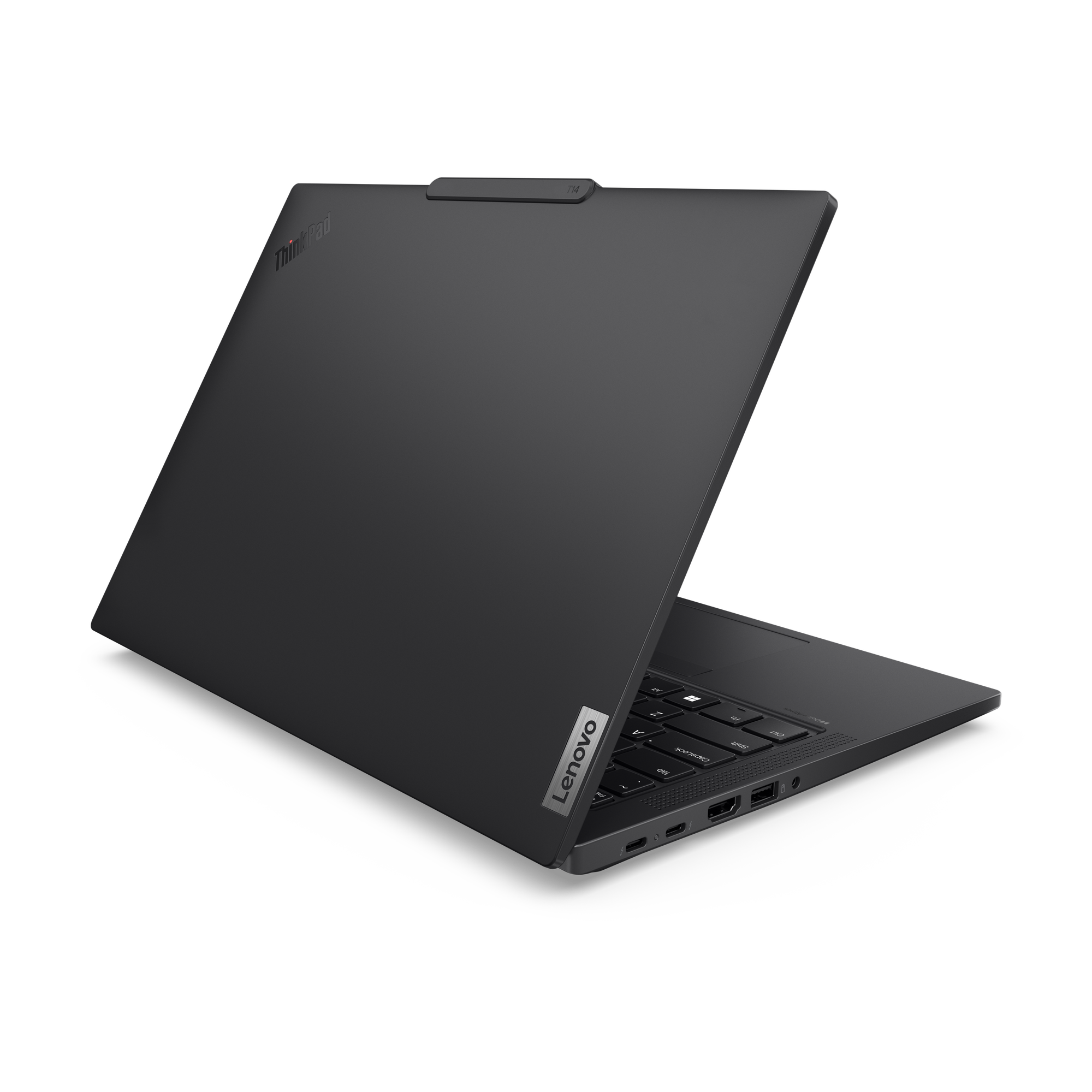 Ein schwarzes Lenovo ThinkPad-Laptop ist geöffnet und zeigt die Tastatur und den Bildschirm. Das Lenovo-Logo ist sichtbar.