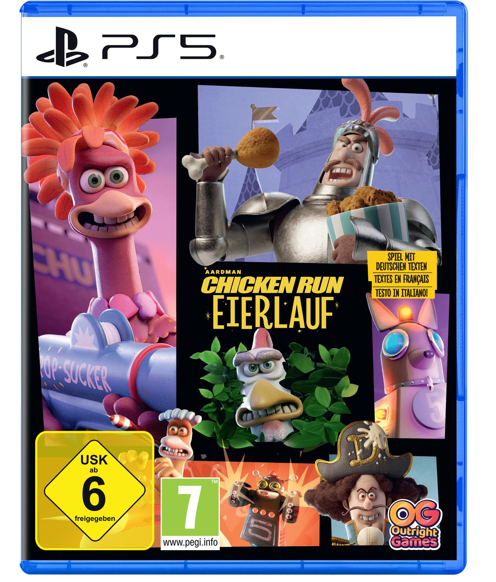 PS5-Spielhülle von Chicken Run: Eierlauf. Zu den Figuren gehören ein Huhn mit rosa Haaren, ein Ritter und andere animierte Figuren.