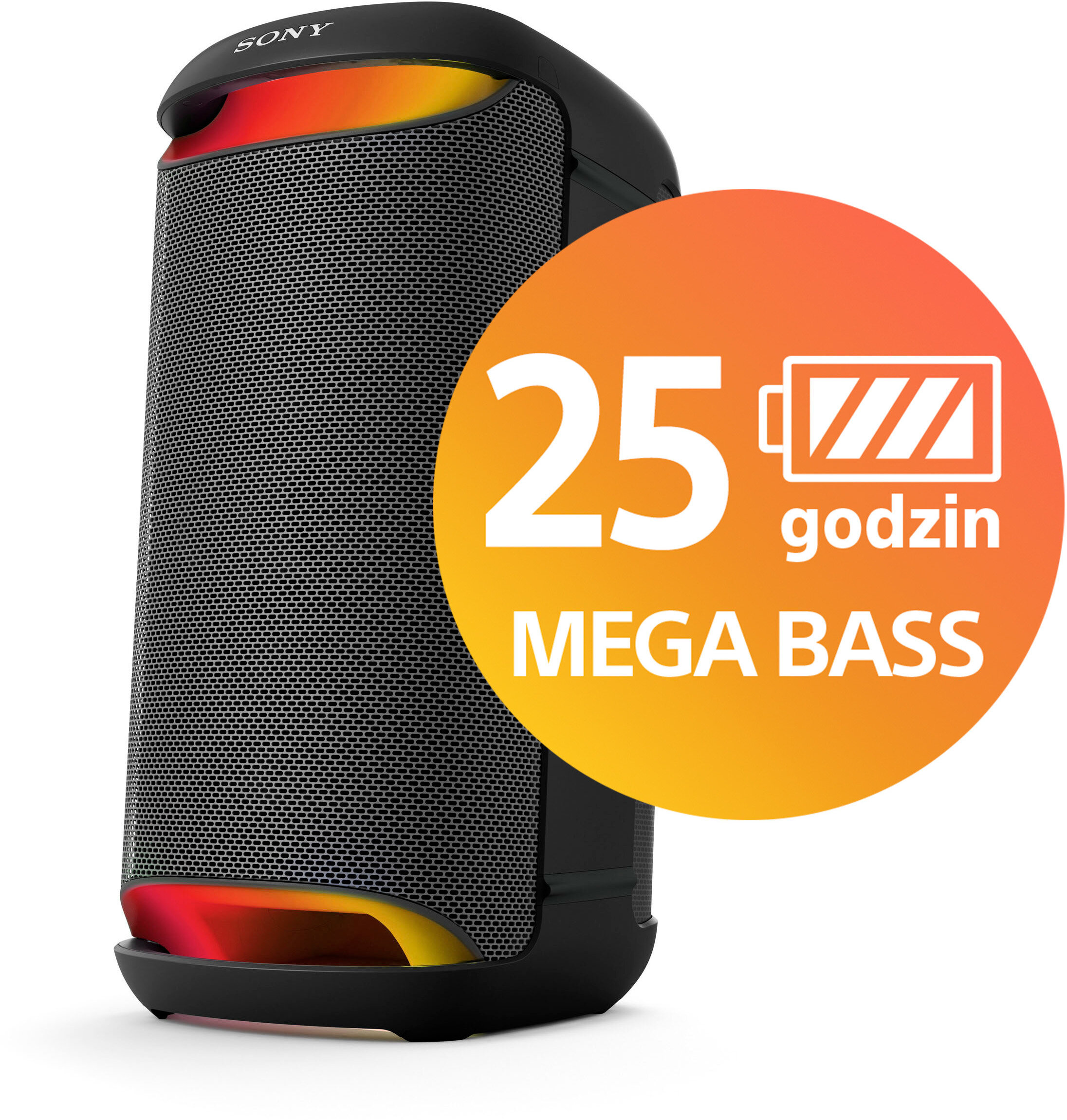 Czarny głośnik Sony z siatkowym przodem i pomarańczowym kołem z napisem '25 godzin MEGA BASS'.