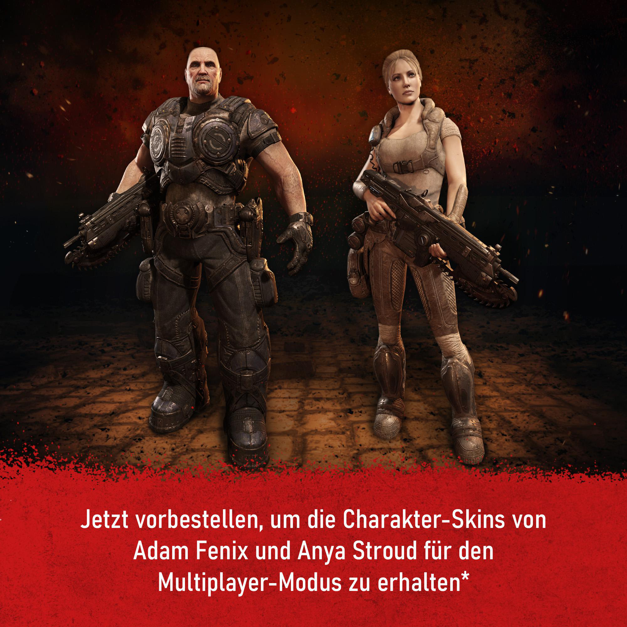Zwei Charaktere aus Gears of War, Adam Fenix und Anya Stroud, stehen mit Waffen und sind einsatzbereit.