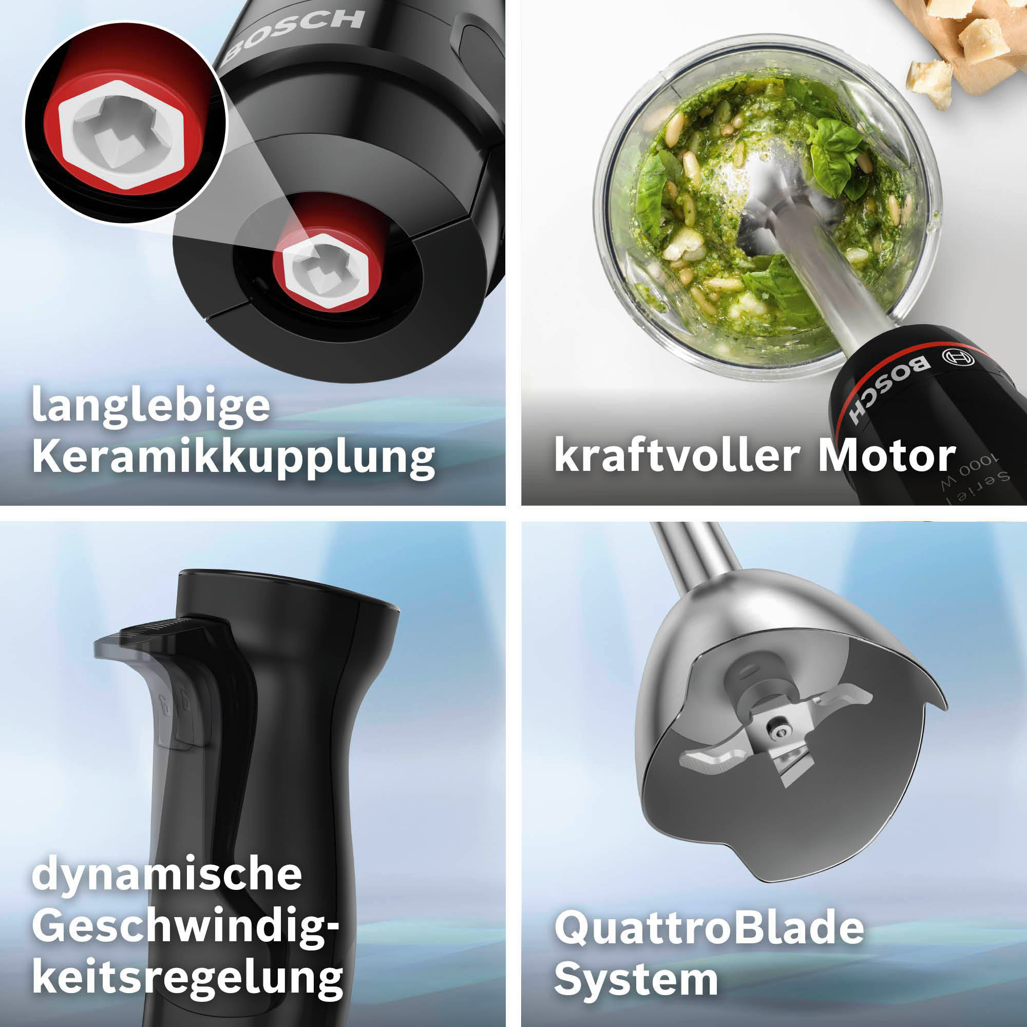 Collage eines schwarzen Bosch-Stabmixers. Merkmale: Keramikkupplung, Pesto in einer Schüssel, Geschwindigkeitsregelung, QuattroBlade-System.