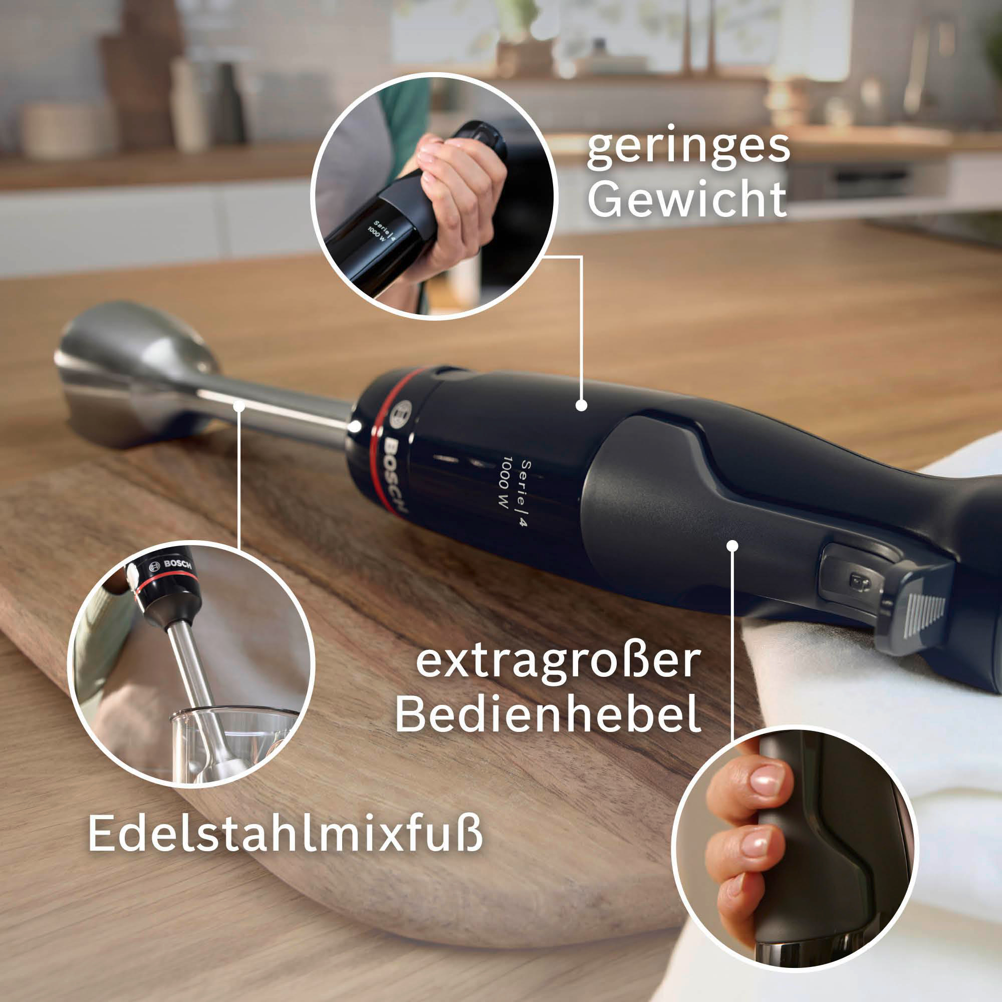 Ein schwarzer Bosch-Stabmixer mit Edelstahl-Mixfuß. Merkmale sind ein extragroßer Bedienhebel und geringes Gewicht.