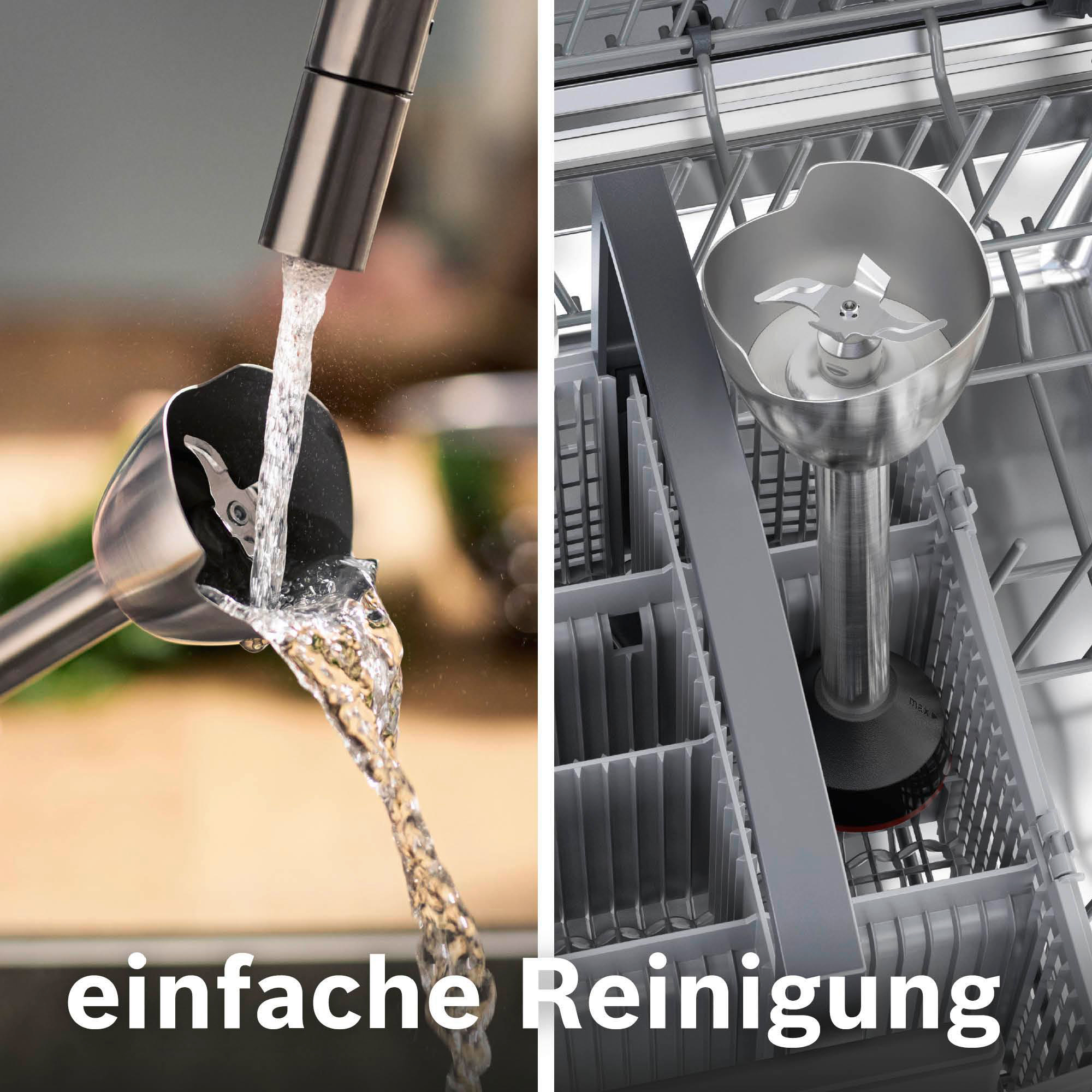 Ein Mixer wird mit Wasser gereinigt, neben einem Geschirrspüler mit einem Mixerkopf. Text: einfache Reinigung.