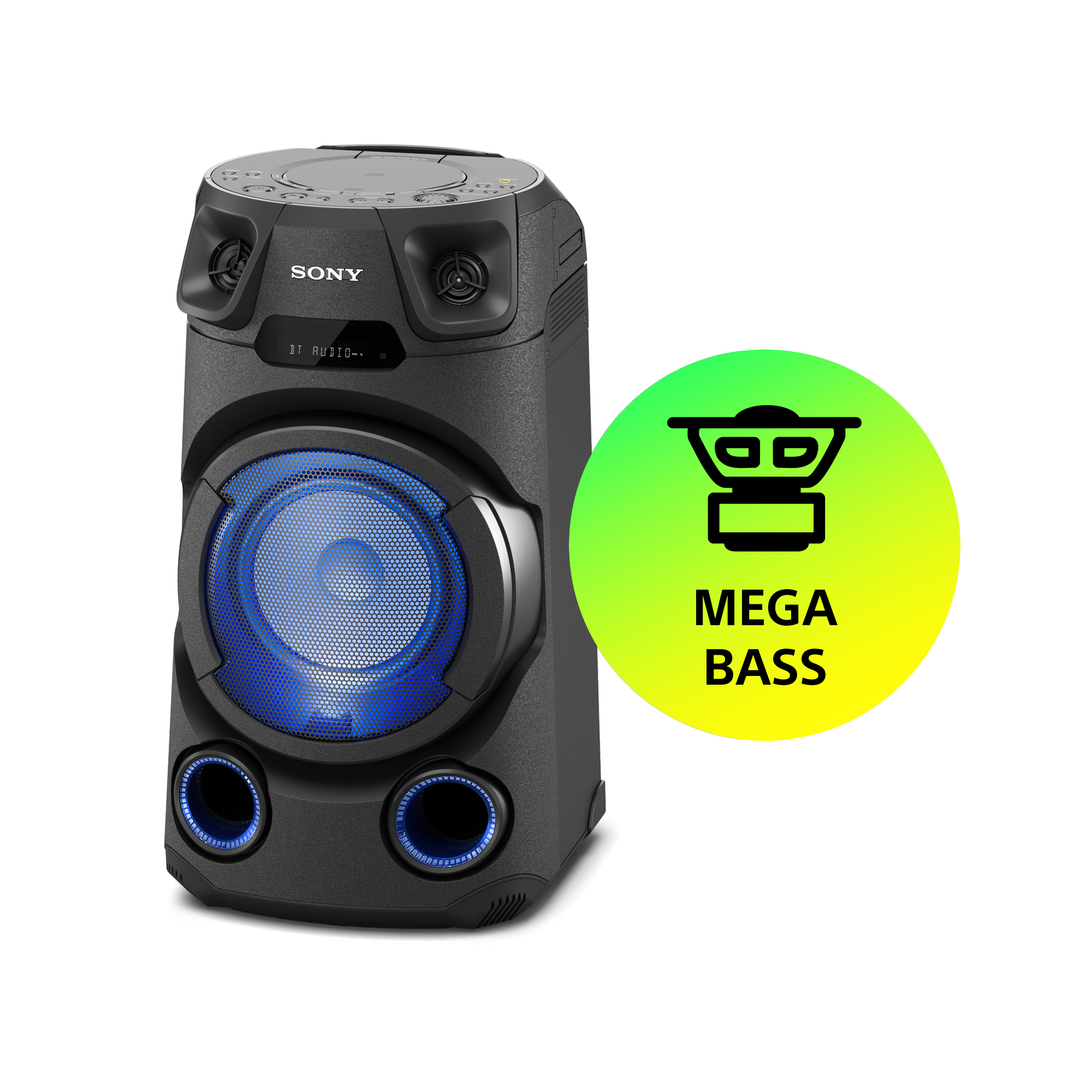 Czarny głośnik Sony z niebieskim światłem, okrągłym głośnikiem i dwoma mniejszymi głośnikami. Zielone i żółte koło z tekstem Mega Bass.