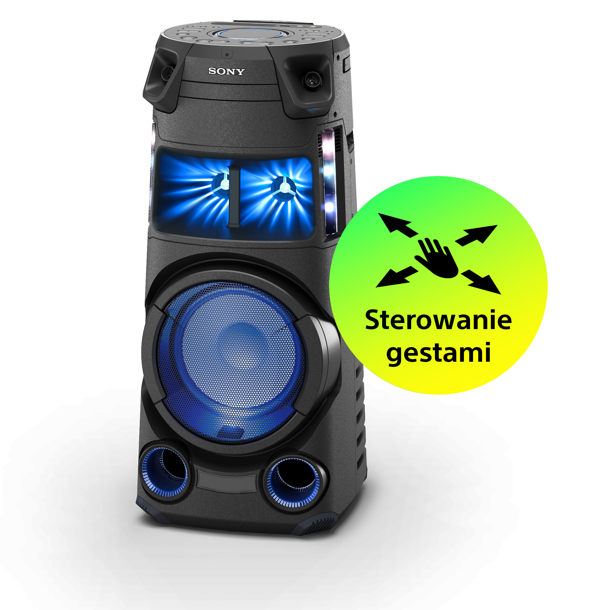 Czarny głośnik Sony z niebieskimi światłami i symbolem sterowania gestami na białym tle.