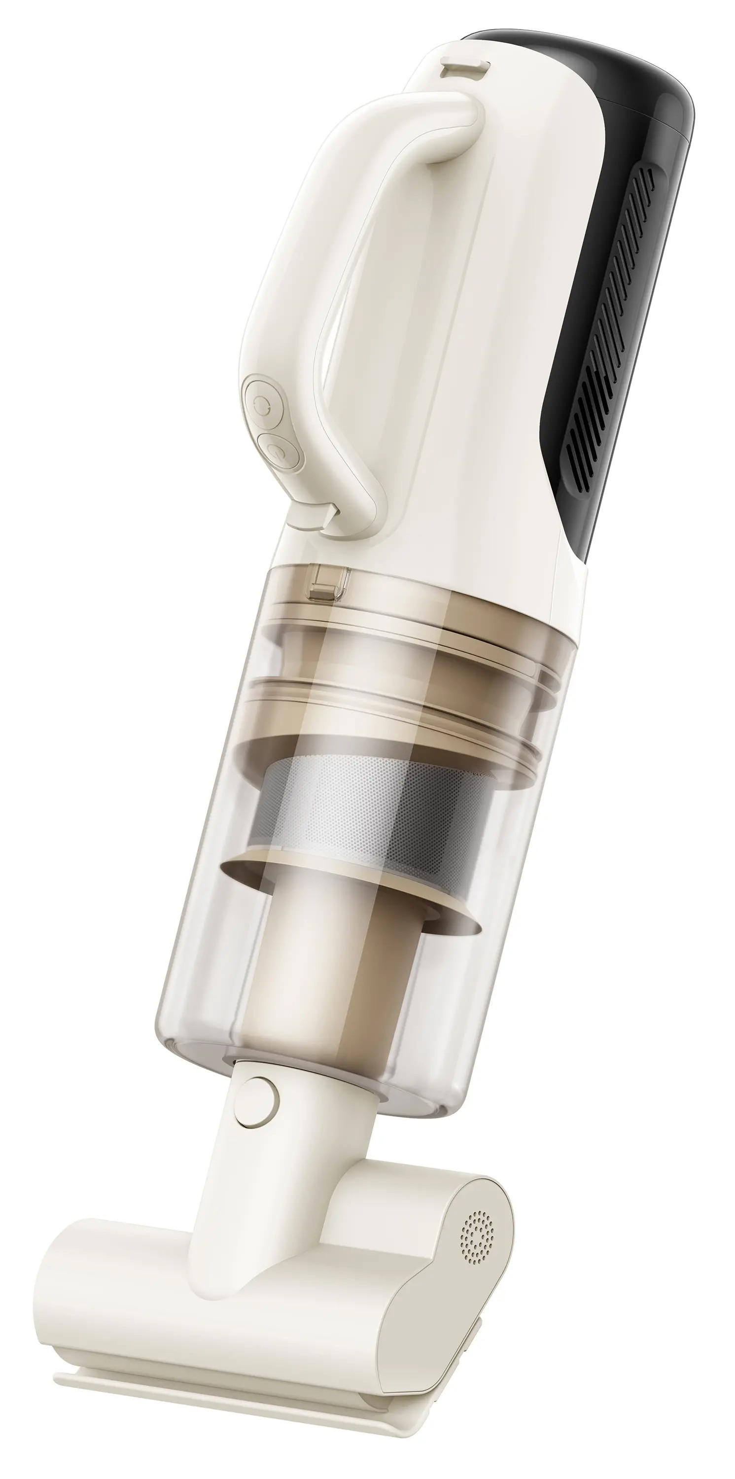 Biało-czarny odkurzacz bezprzewodowy, lekko pochylony. Uchwyt i korpus są białe, a sekcja filtra jest przezroczysta.