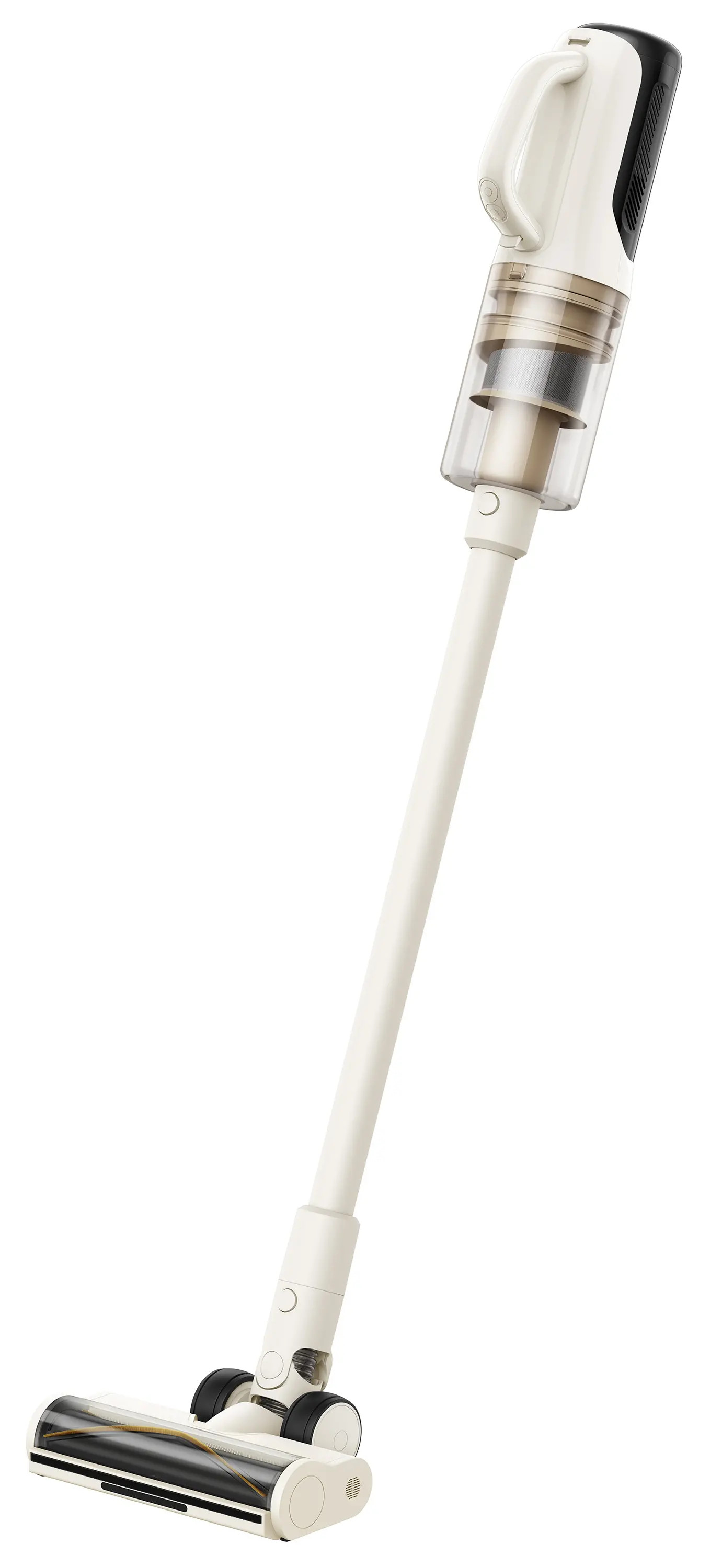 Kremowy odkurzacz bezprzewodowy, lekko pochylony. Ma przezroczysty pojemnik na kurz, uchwyt i długi, biały drążek.