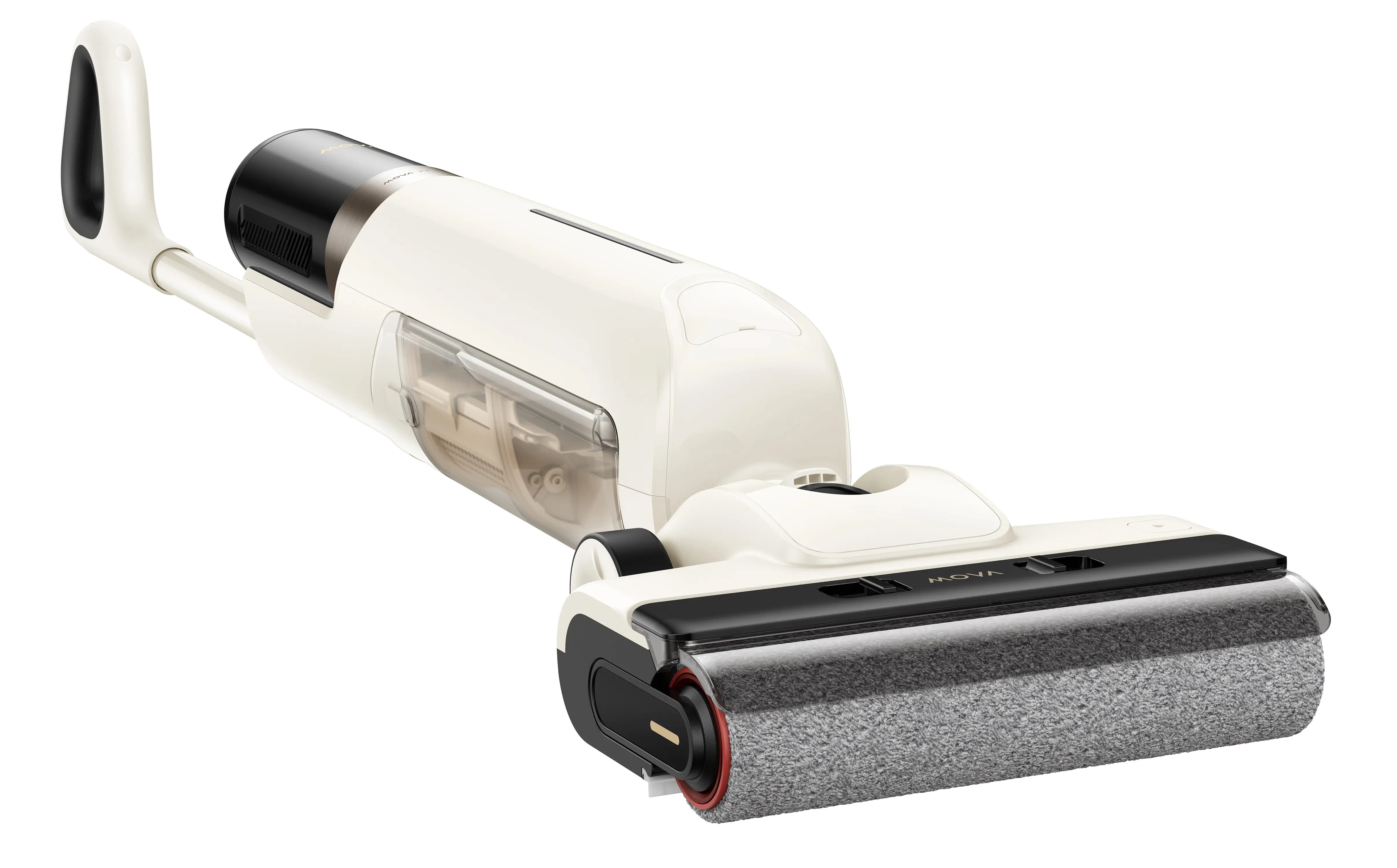 Biało-czarny odkurzacz bezprzewodowy z uchwytem. Odkurzacz posiada szczotkę walcową i przezroczysty zbiornik na wodę.