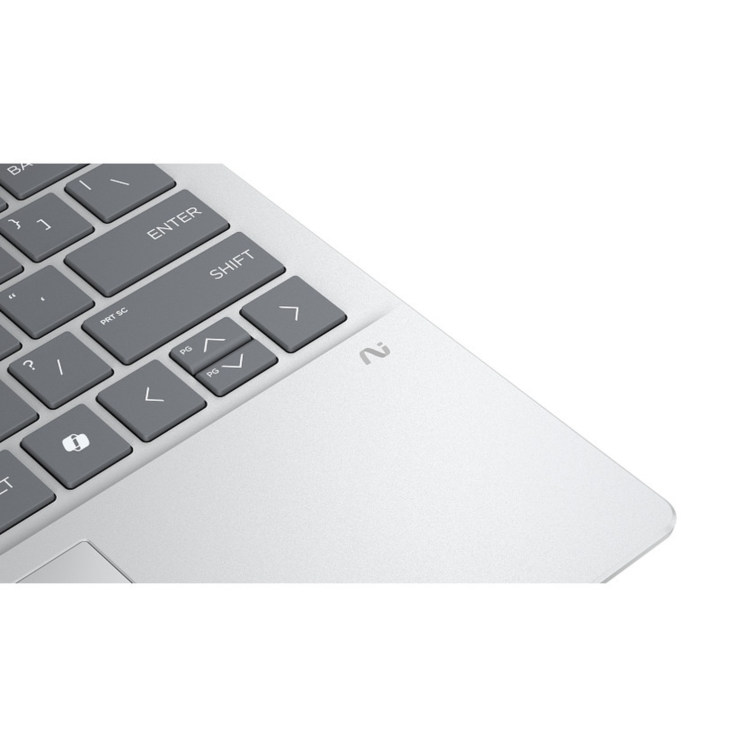 Close-up of a laptop keyboard. Gray keys with white lettering. Silver laptop body with the brand logo at the corner.
