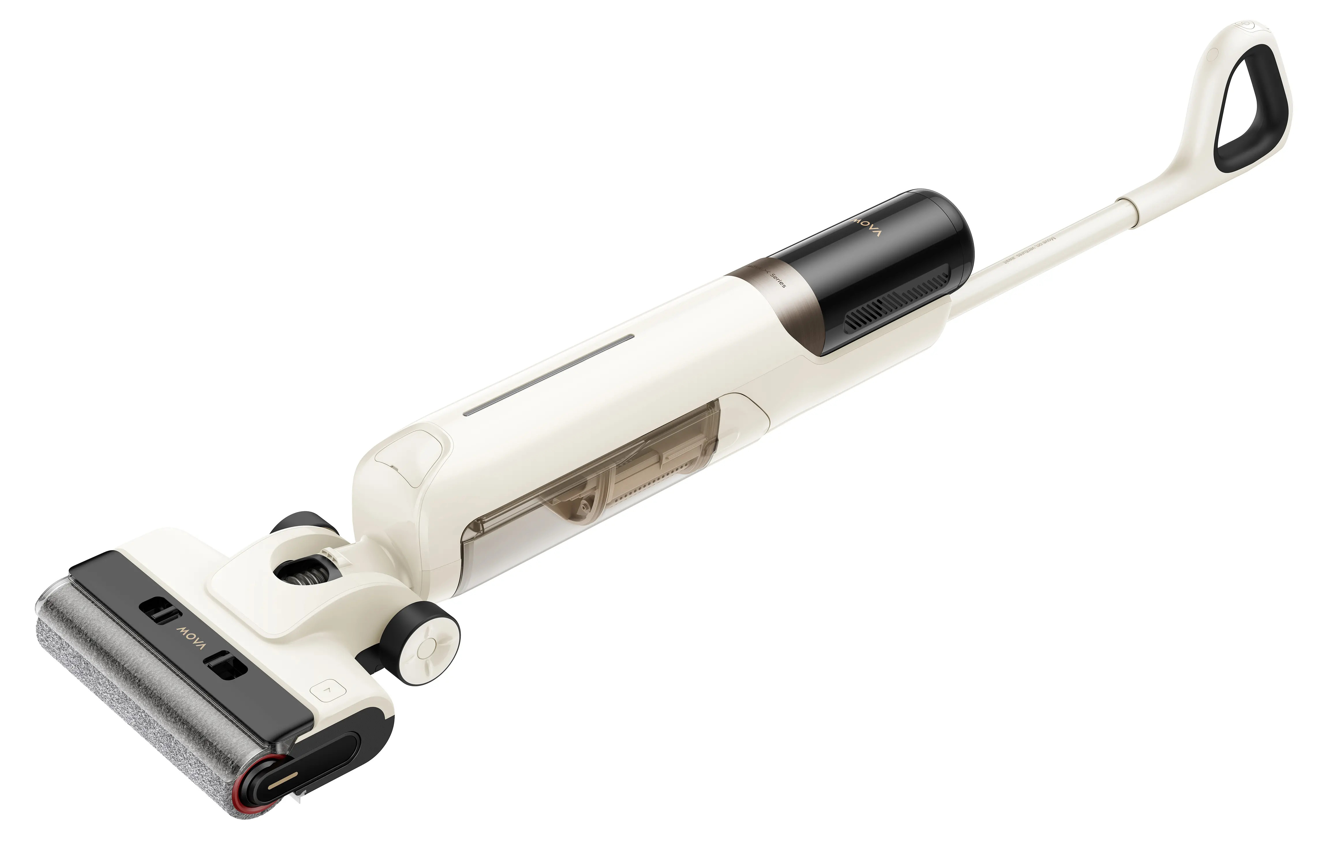 Biało-czarny odkurzacz MOVA, widok pod kątem. Ma uchwyt i obrotową głowicę szczotki oraz białe tło.