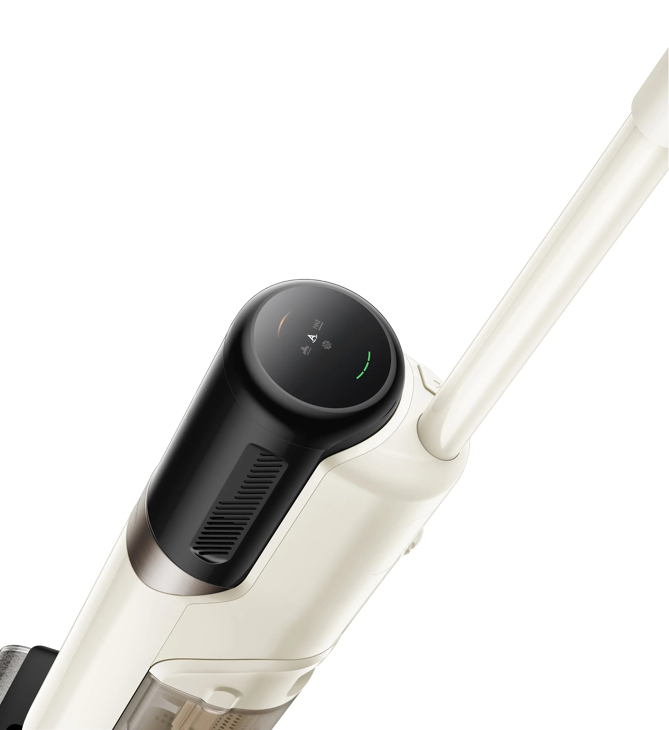 Zbliżenie białego i czarnego odkurzacza bezprzewodowego. Ma cyfrowy wyświetlacz, uchwyt i białą obudowę na białym tle.