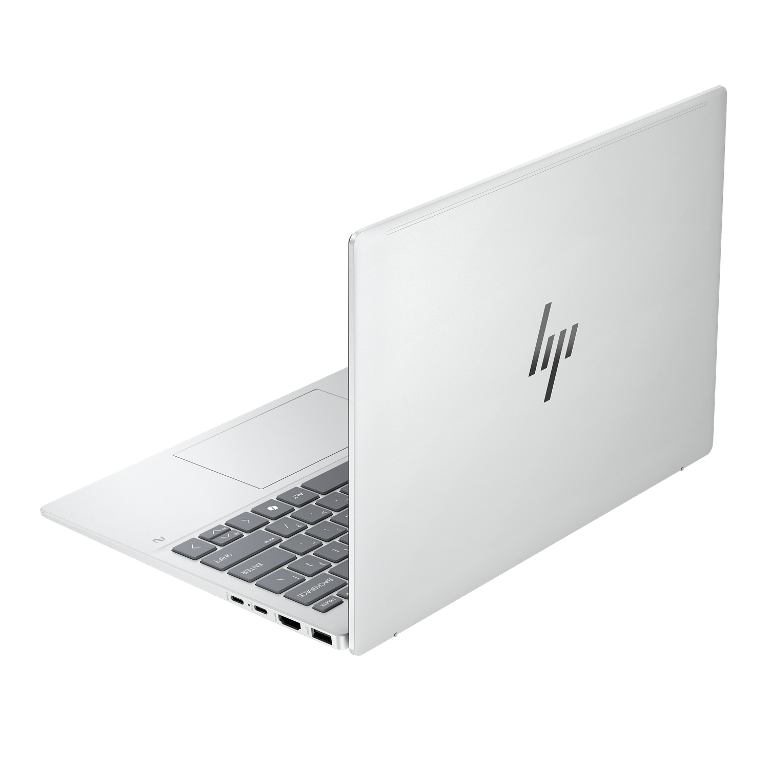 A white HP laptop is open on a black background. The laptop's keyboard is visible, along with the HP logo on the lid.